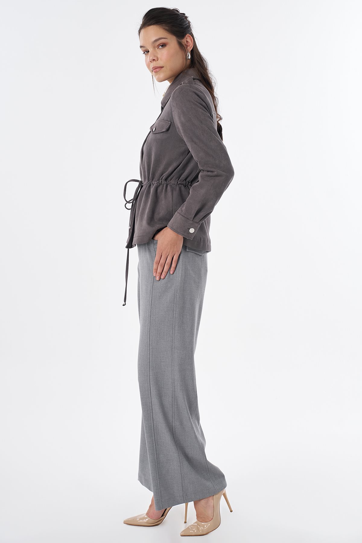 Drawstring Waist Suede Jacket Gray