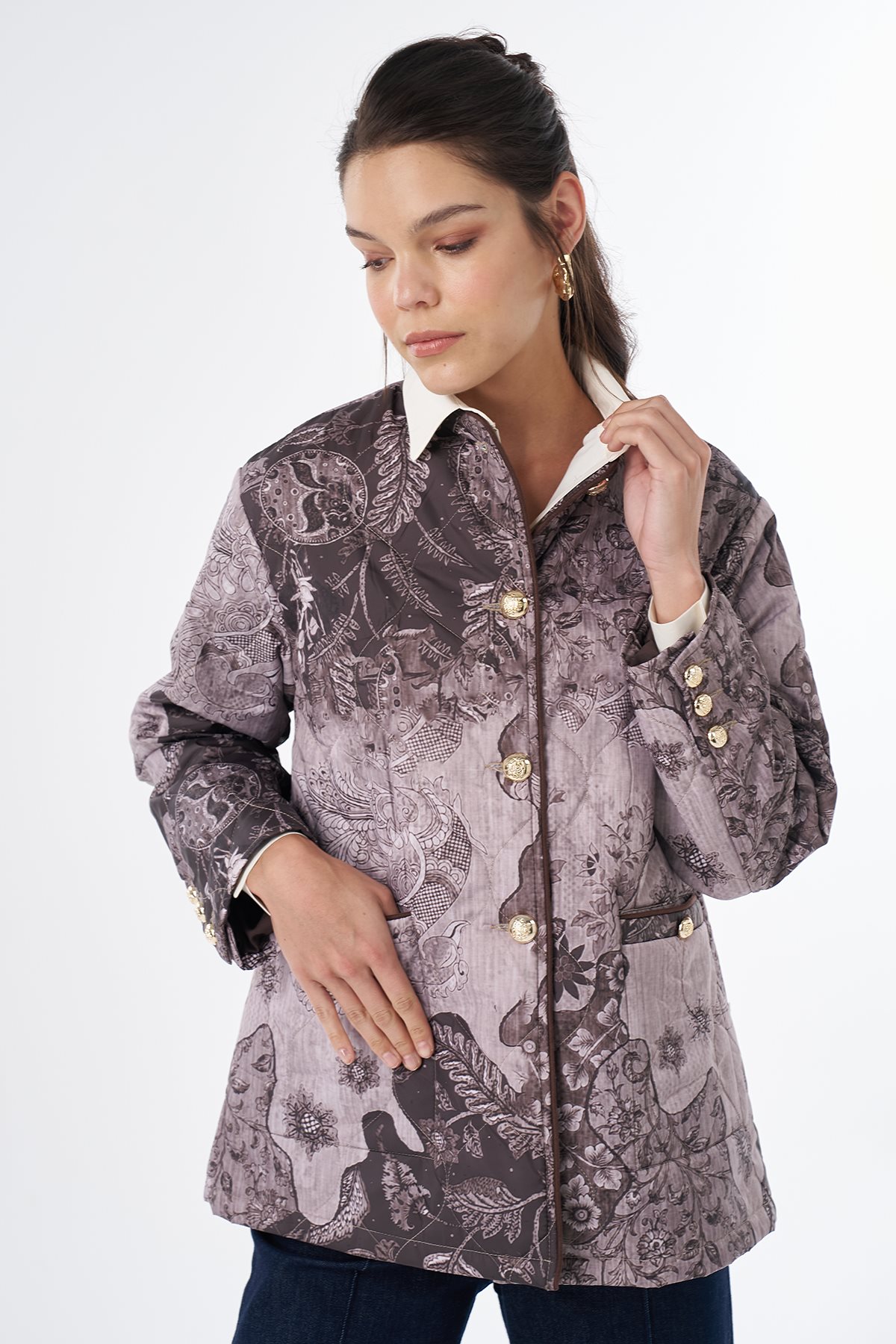 Gold Button Patterned Jacket Mink