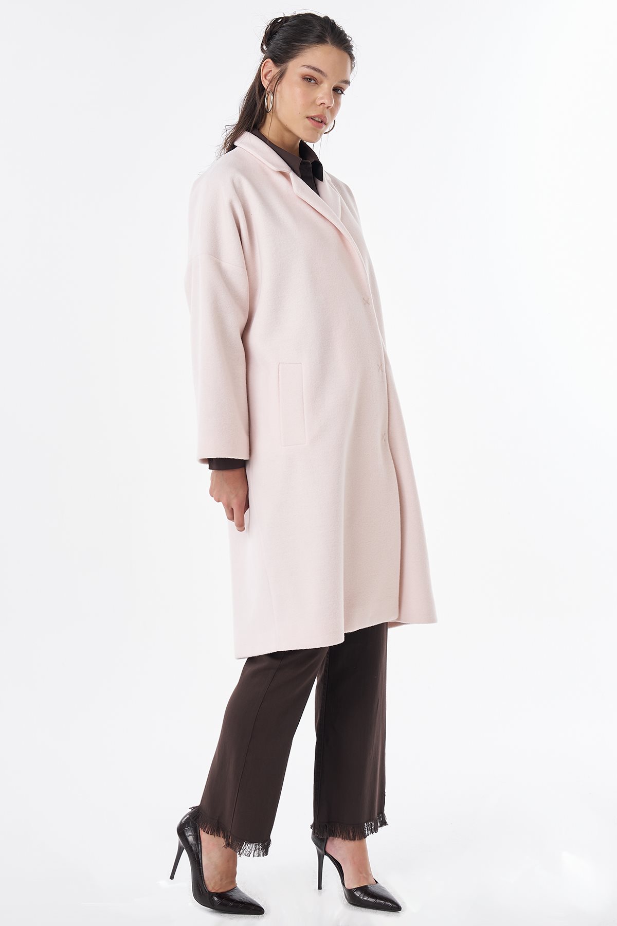 Notched Lapel Wool-Blend Coat Powder Pink