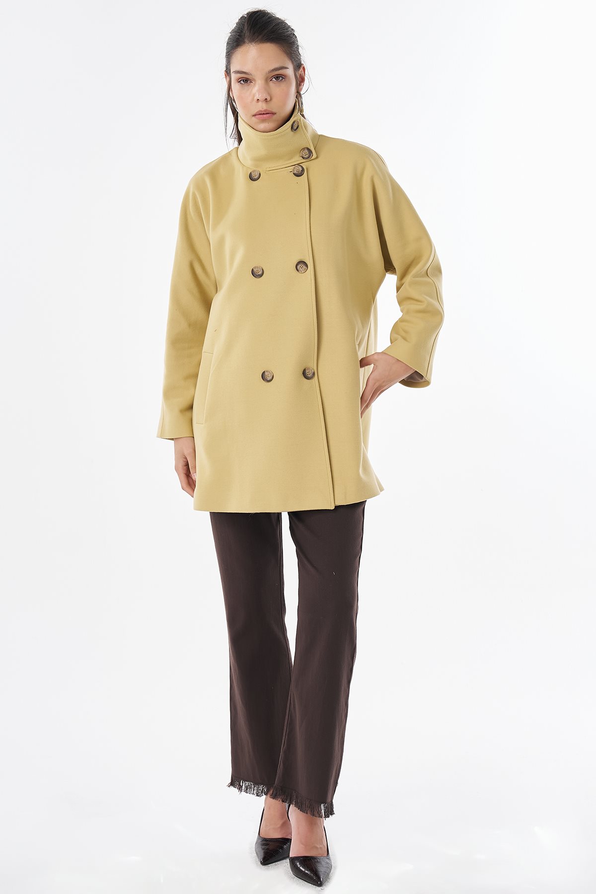 Stand Collar Short Wool-Blend Coat Yellow