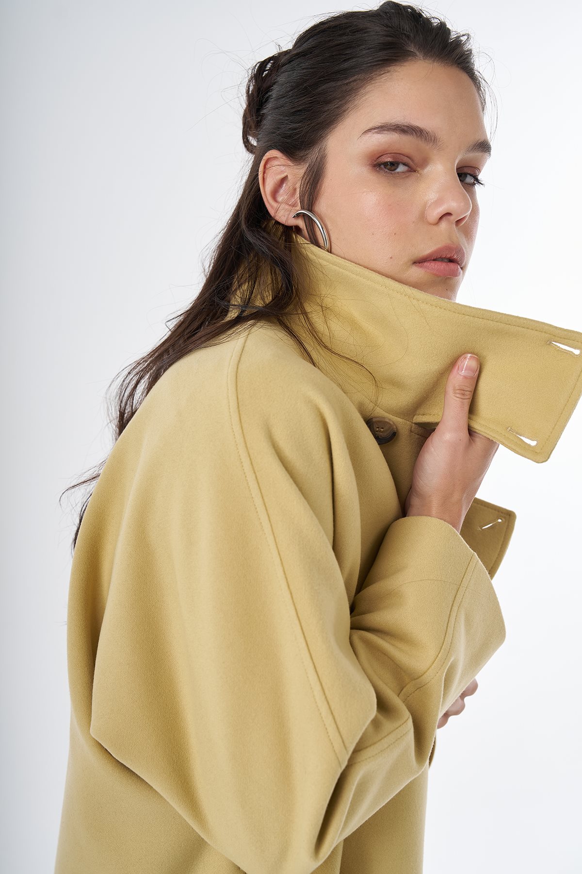 Stand Collar Short Wool-Blend Coat Yellow