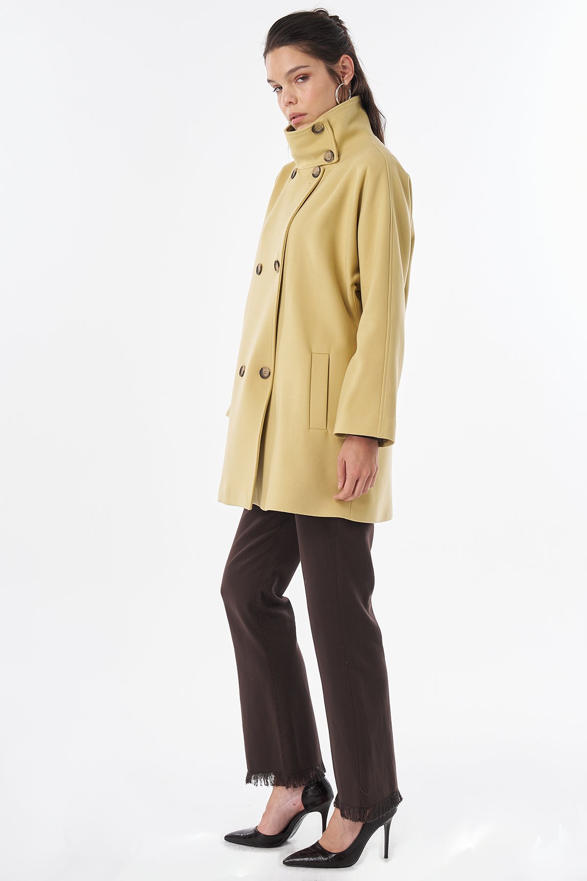 Stand Collar Short Wool-Blend Coat Yellow