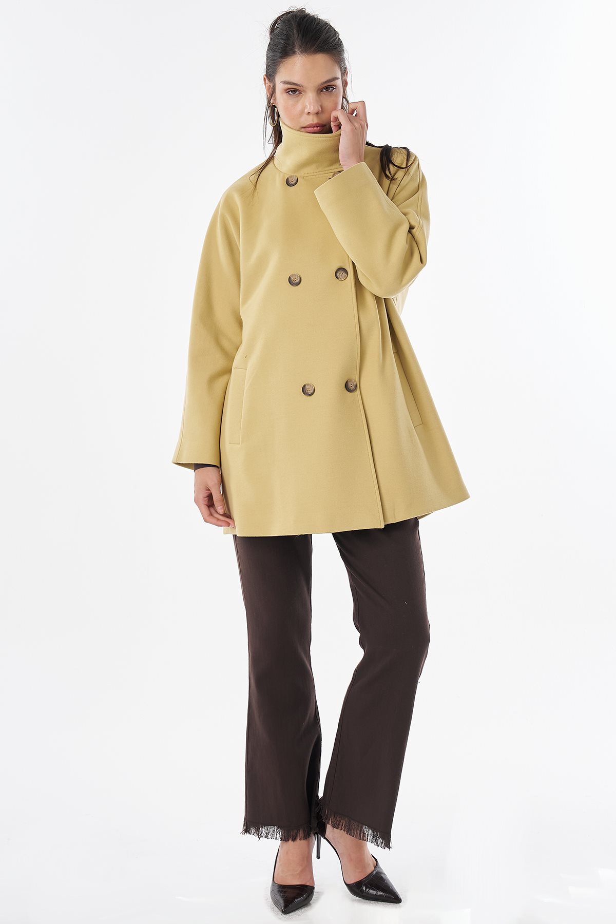 Stand Collar Short Wool-Blend Coat Yellow