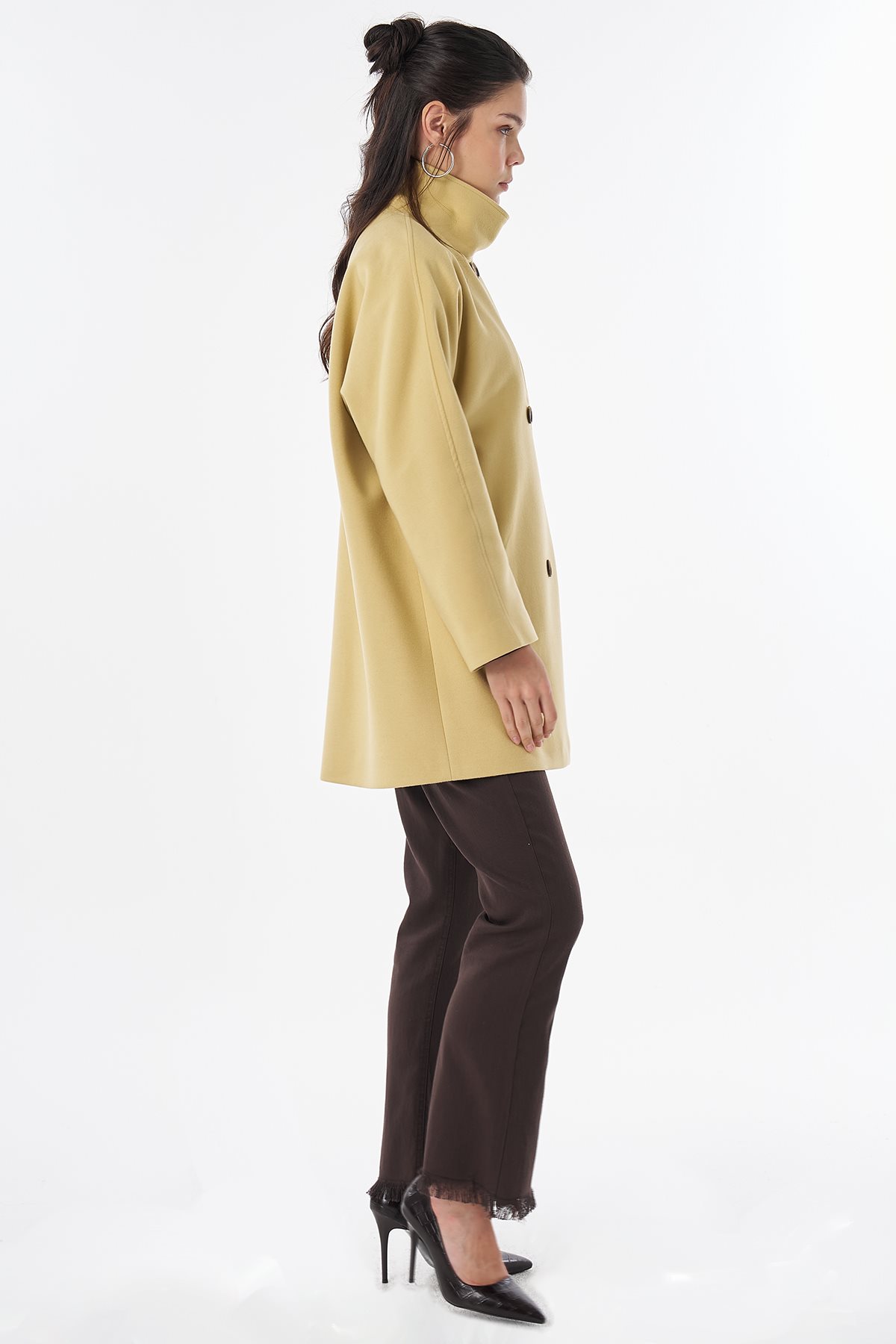 Stand Collar Short Wool-Blend Coat Yellow