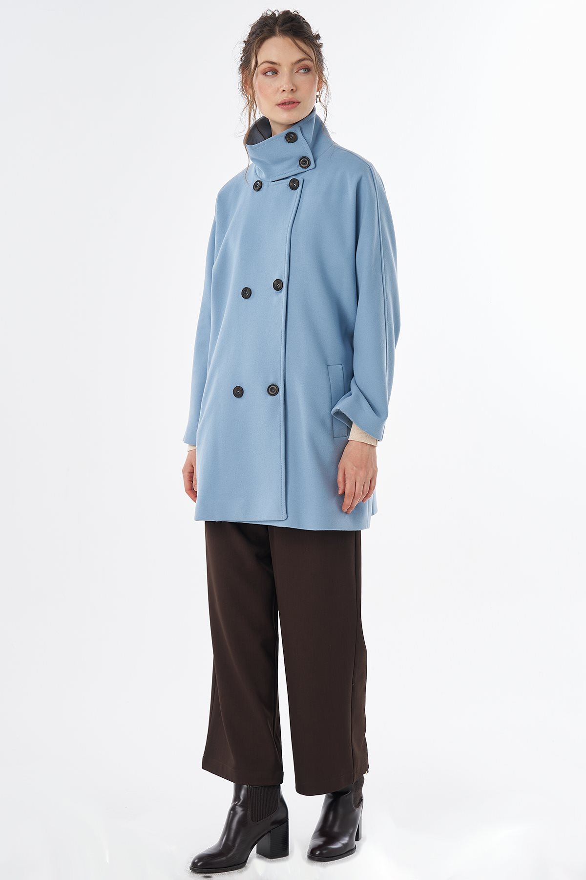 Stand Collar Short Wool-Blend Coat Blue