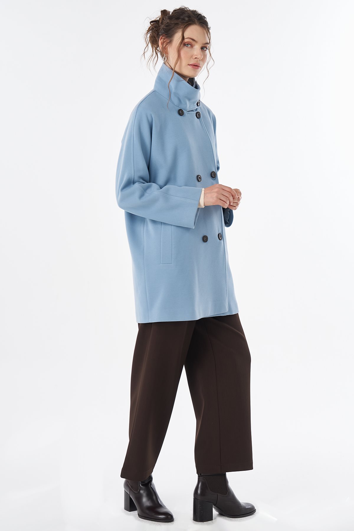 Stand Collar Short Wool-Blend Coat Blue