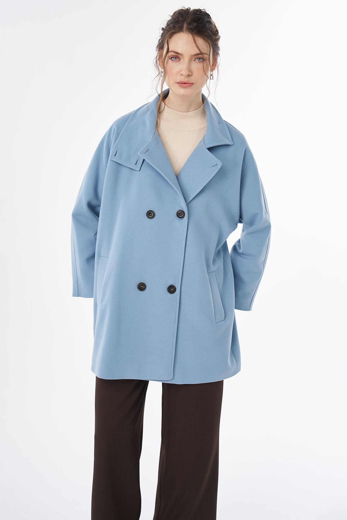Stand Collar Short Wool-Blend Coat Blue