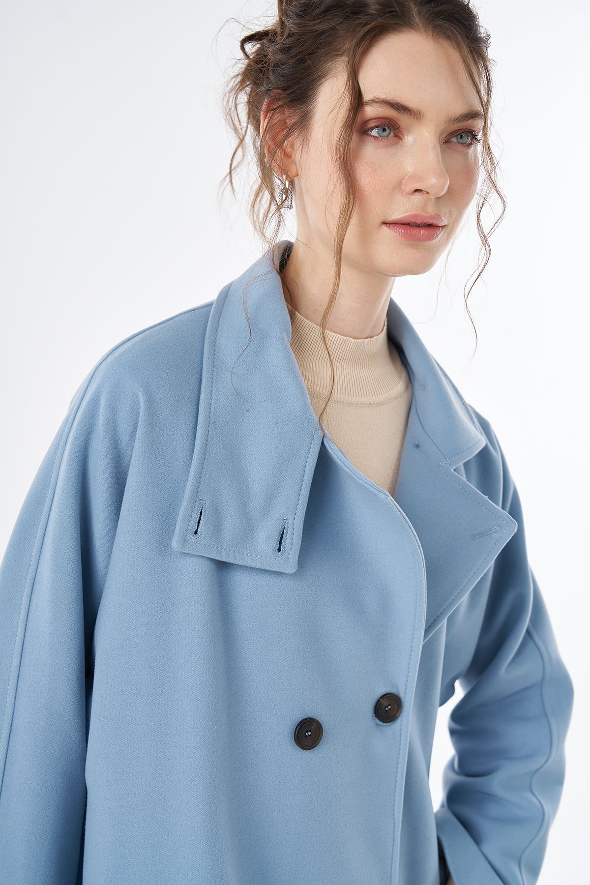 Stand Collar Short Wool-Blend Coat Blue