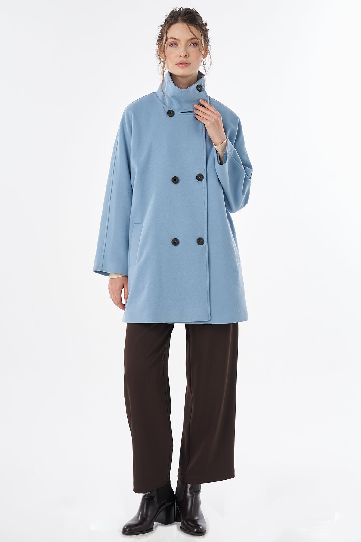 Stand Collar Short Wool-Blend Coat Blue