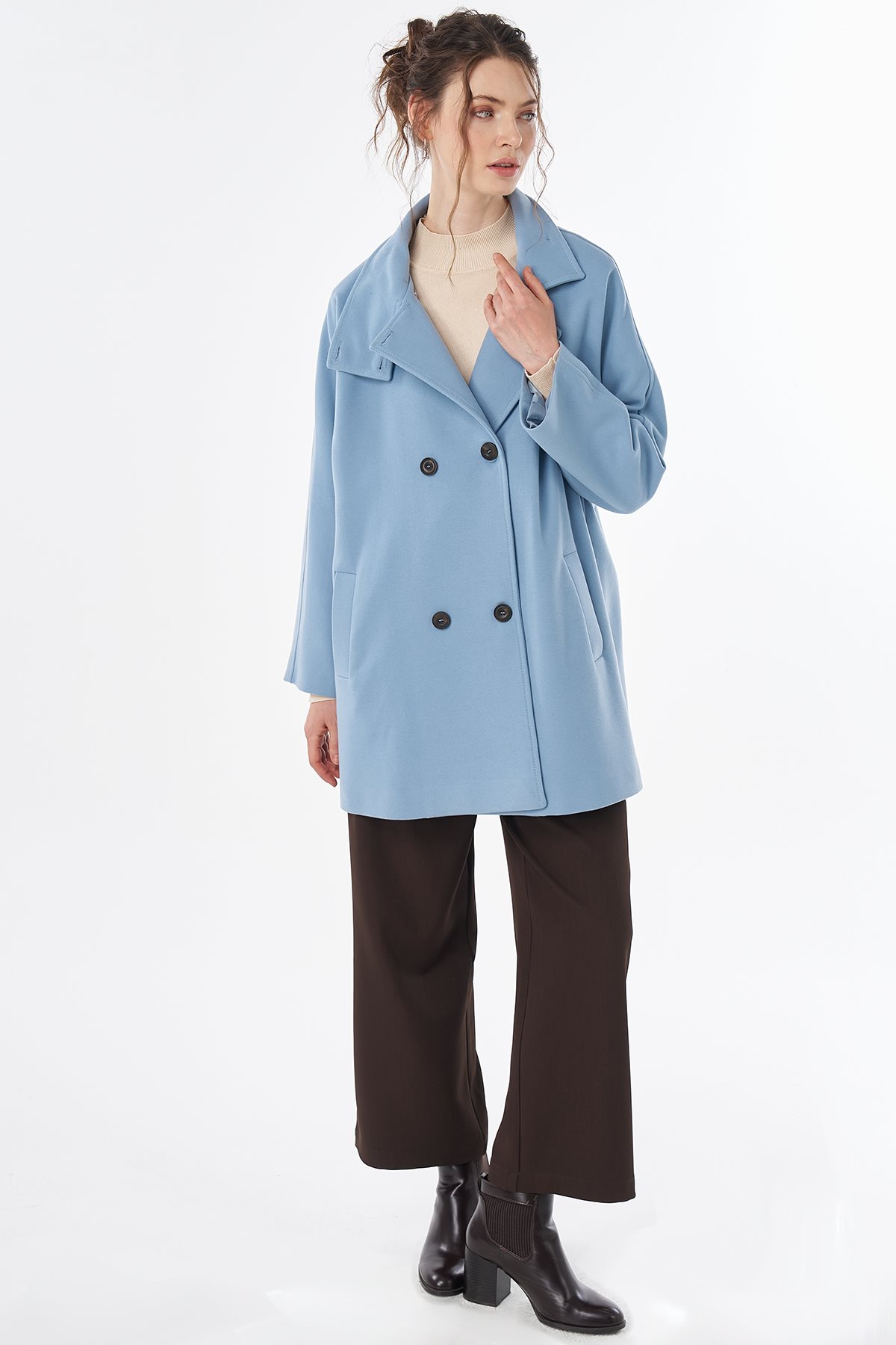 Stand Collar Short Wool-Blend Coat Blue