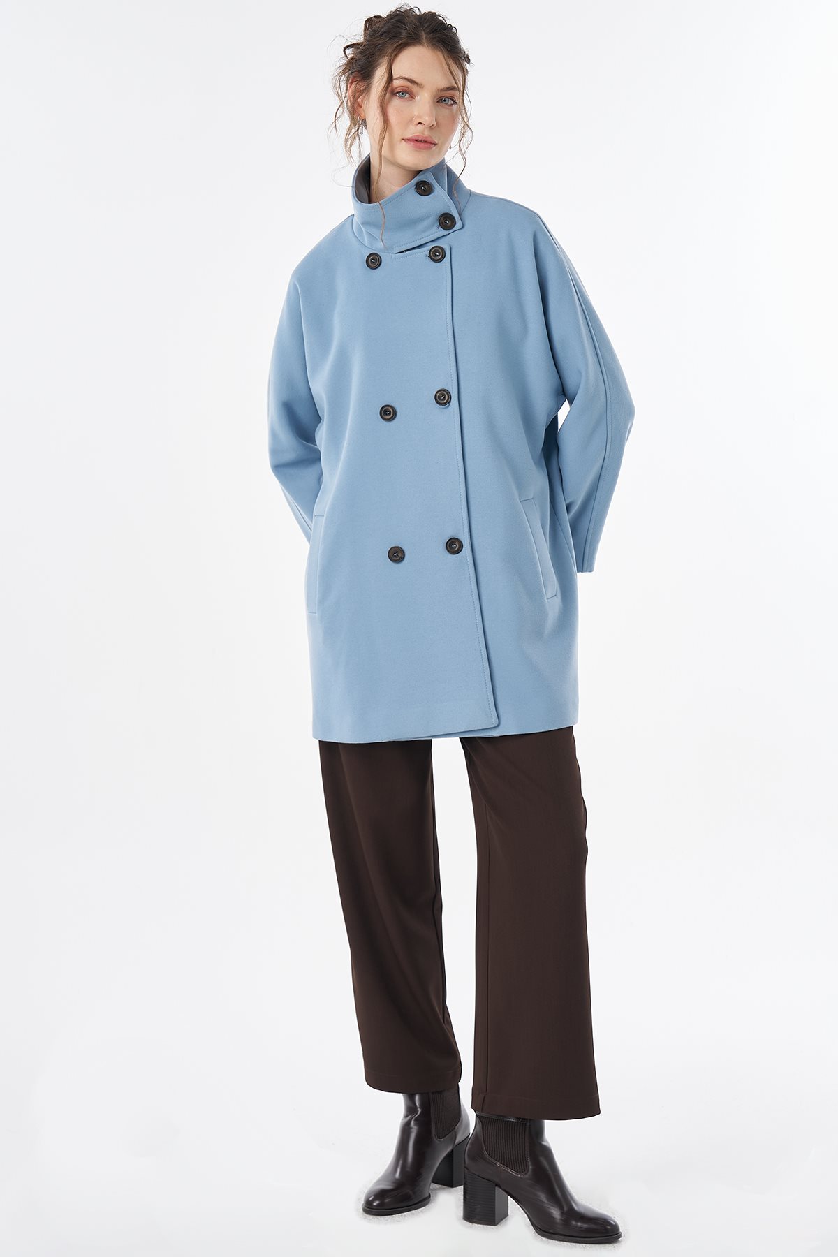 Stand Collar Short Wool-Blend Coat Blue