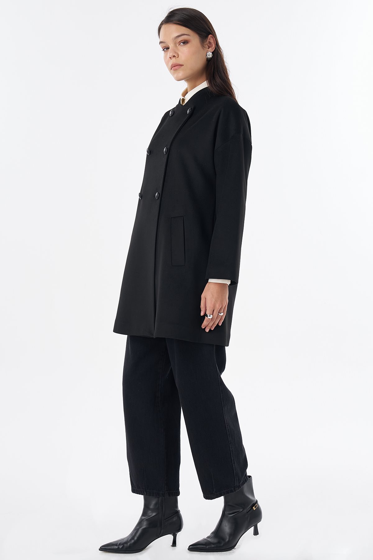 Button-Detail Wool-Blend Coat Black