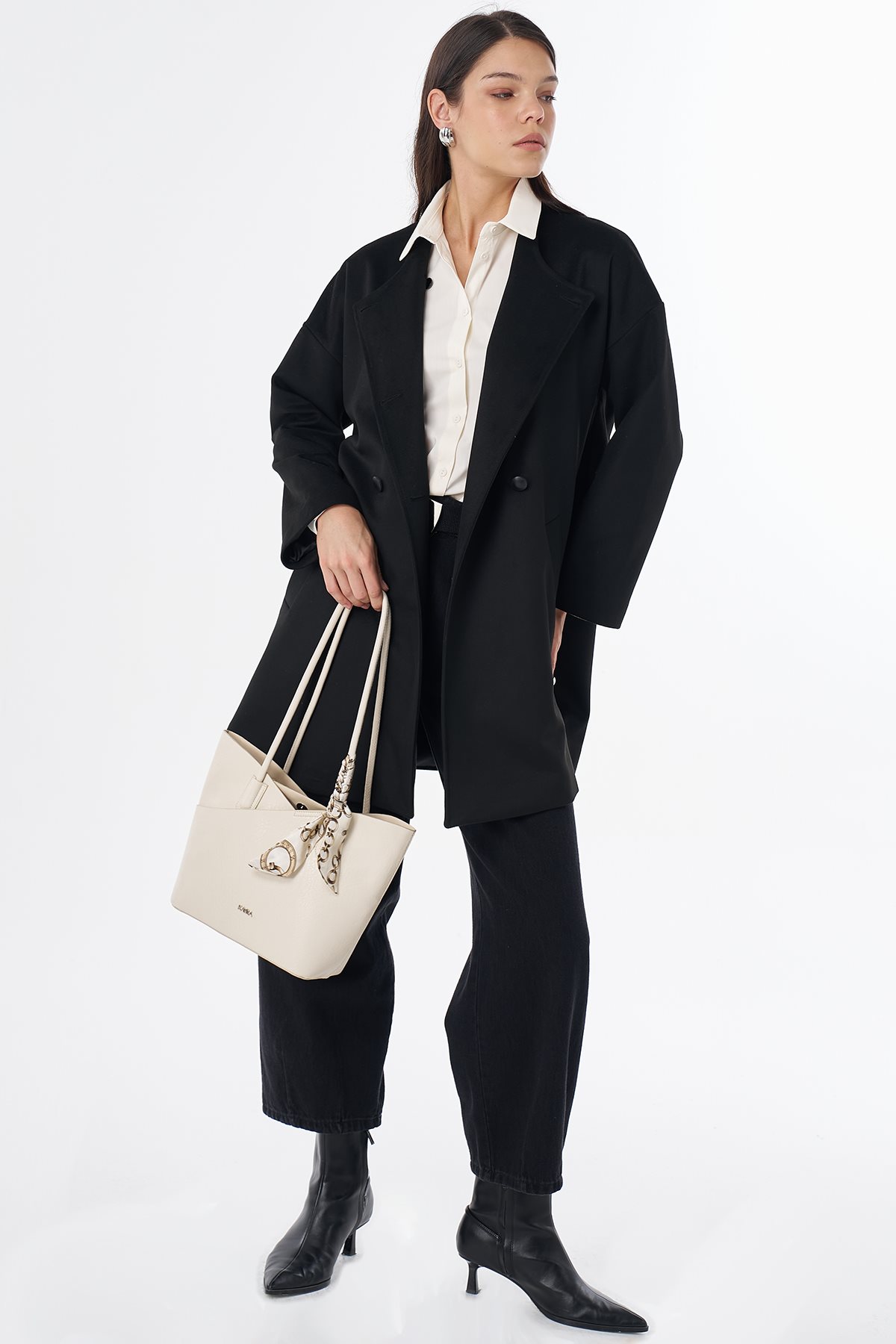 Button-Detail Wool-Blend Coat Black