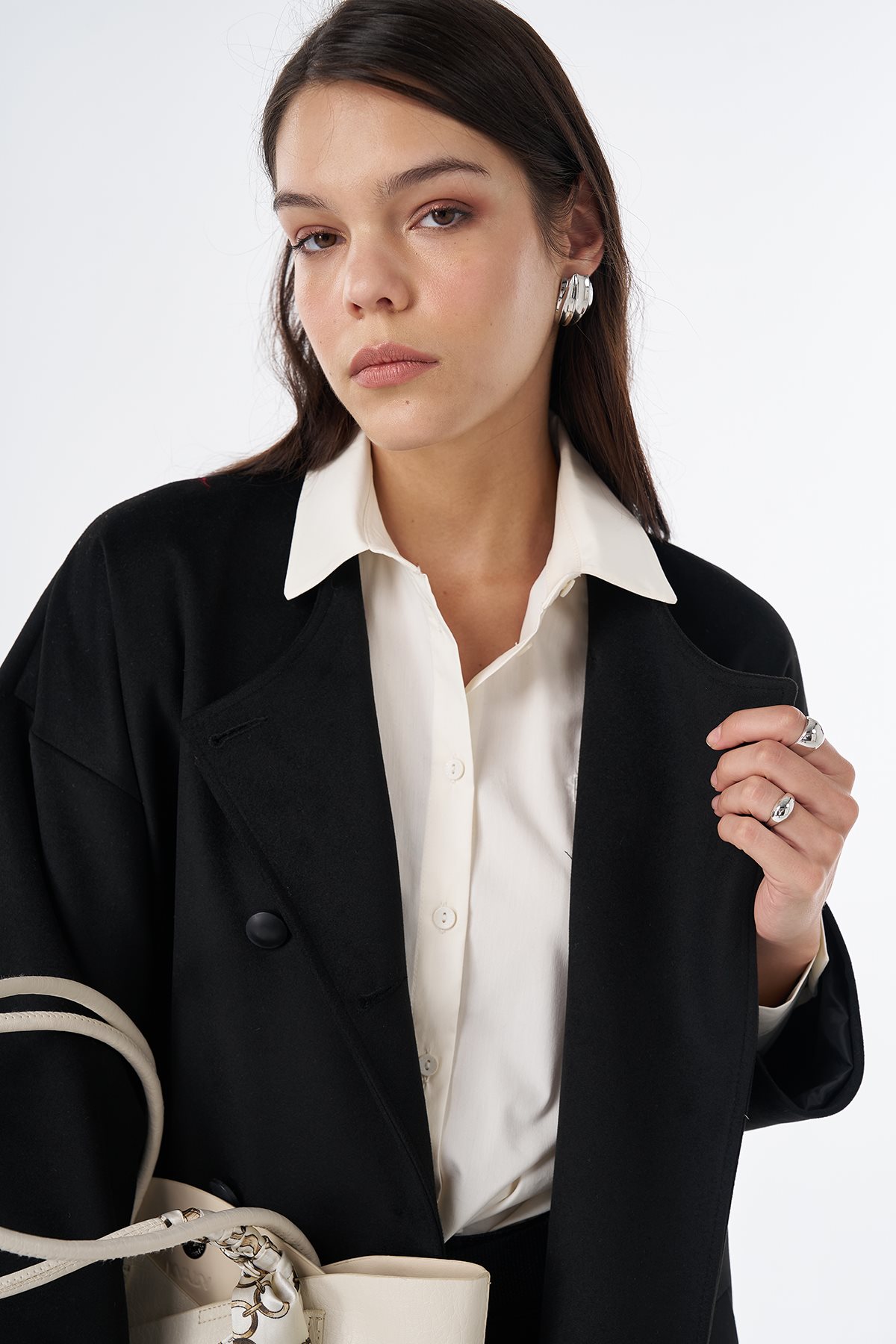 Button-Detail Wool-Blend Coat Black