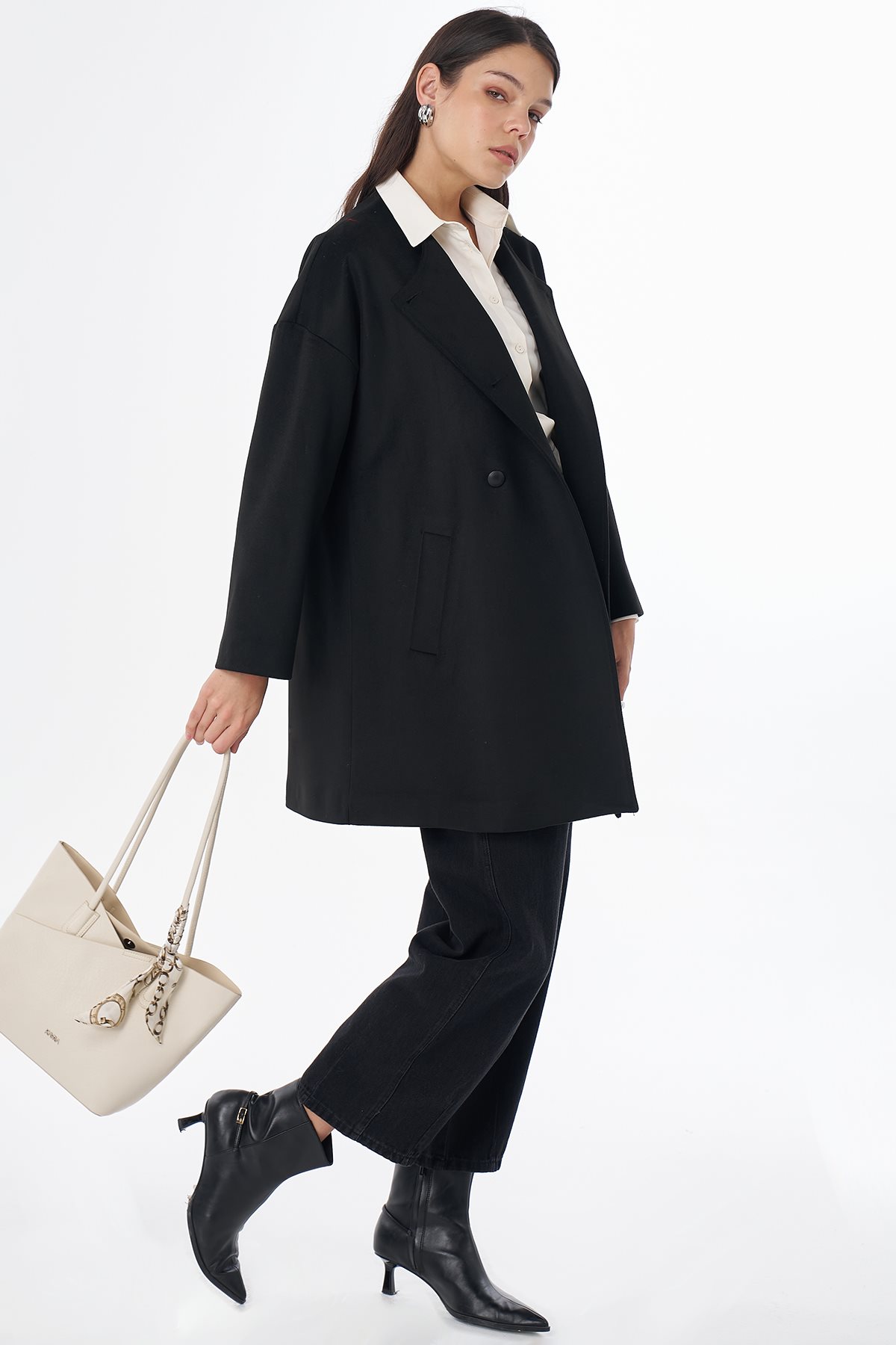 Button-Detail Wool-Blend Coat Black