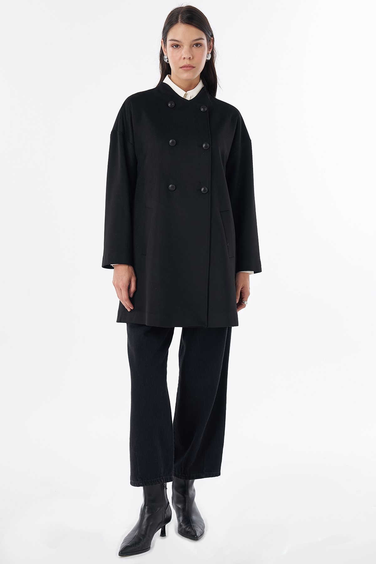 Button-Detail Wool-Blend Coat Black