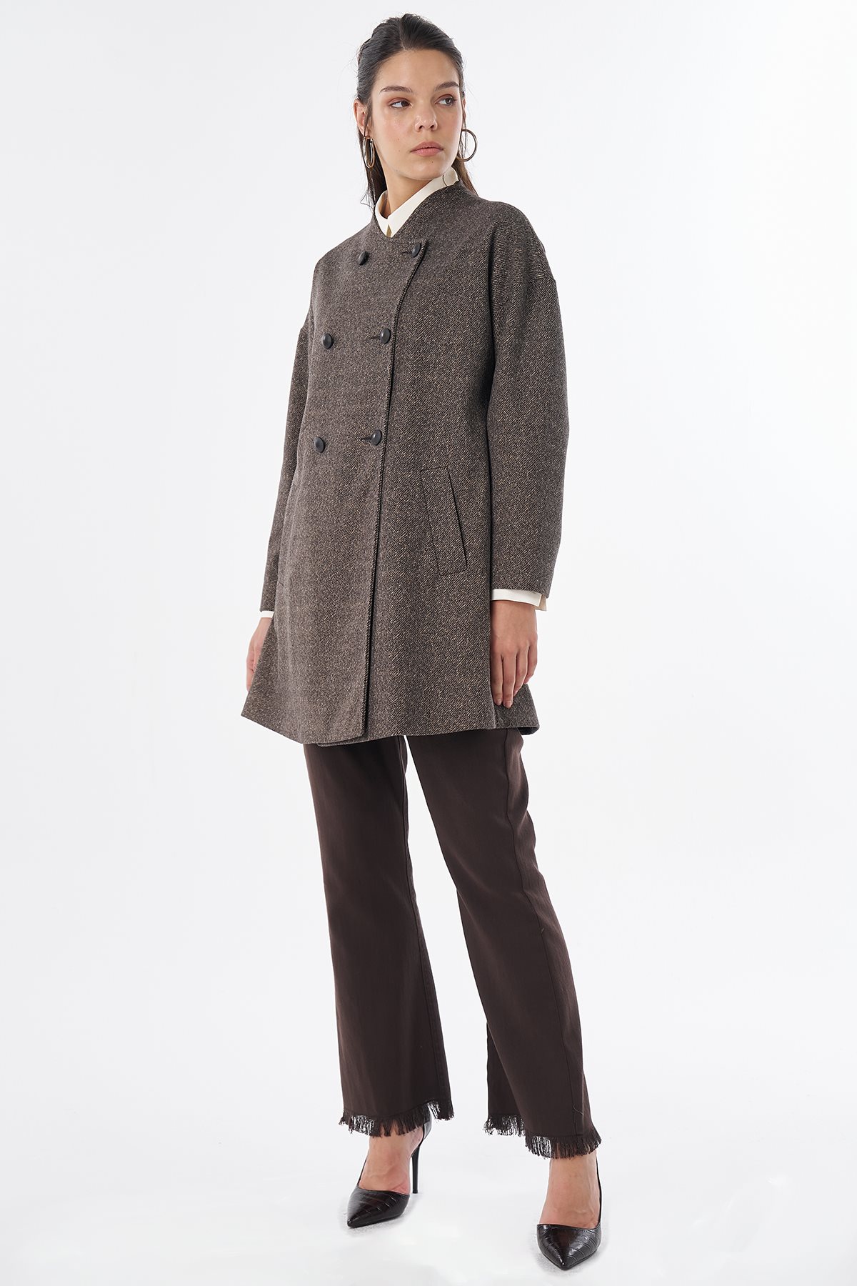 Herringbone Pattern Wool-Blend Coat Beige