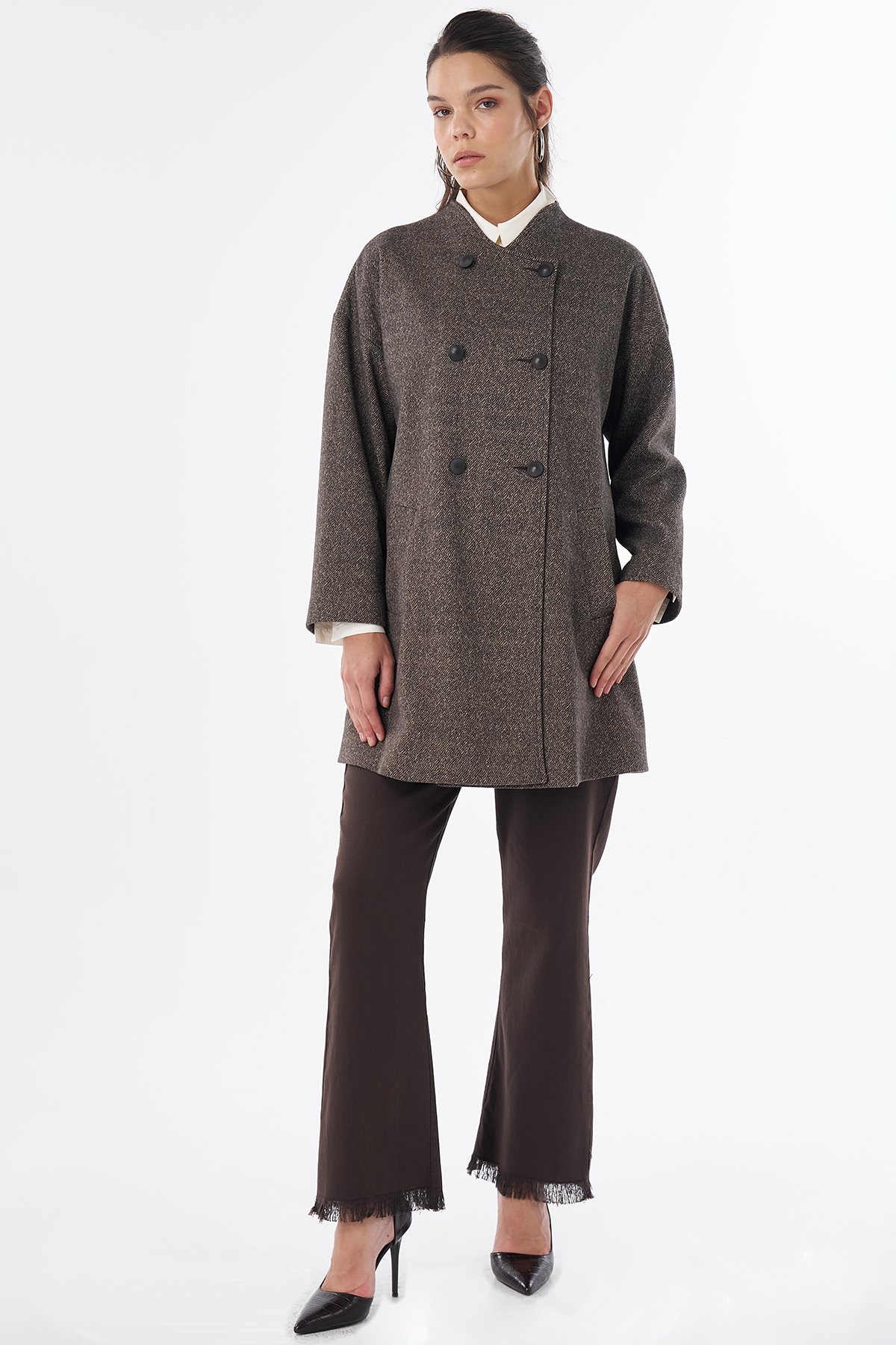 Herringbone Pattern Wool-Blend Coat Beige