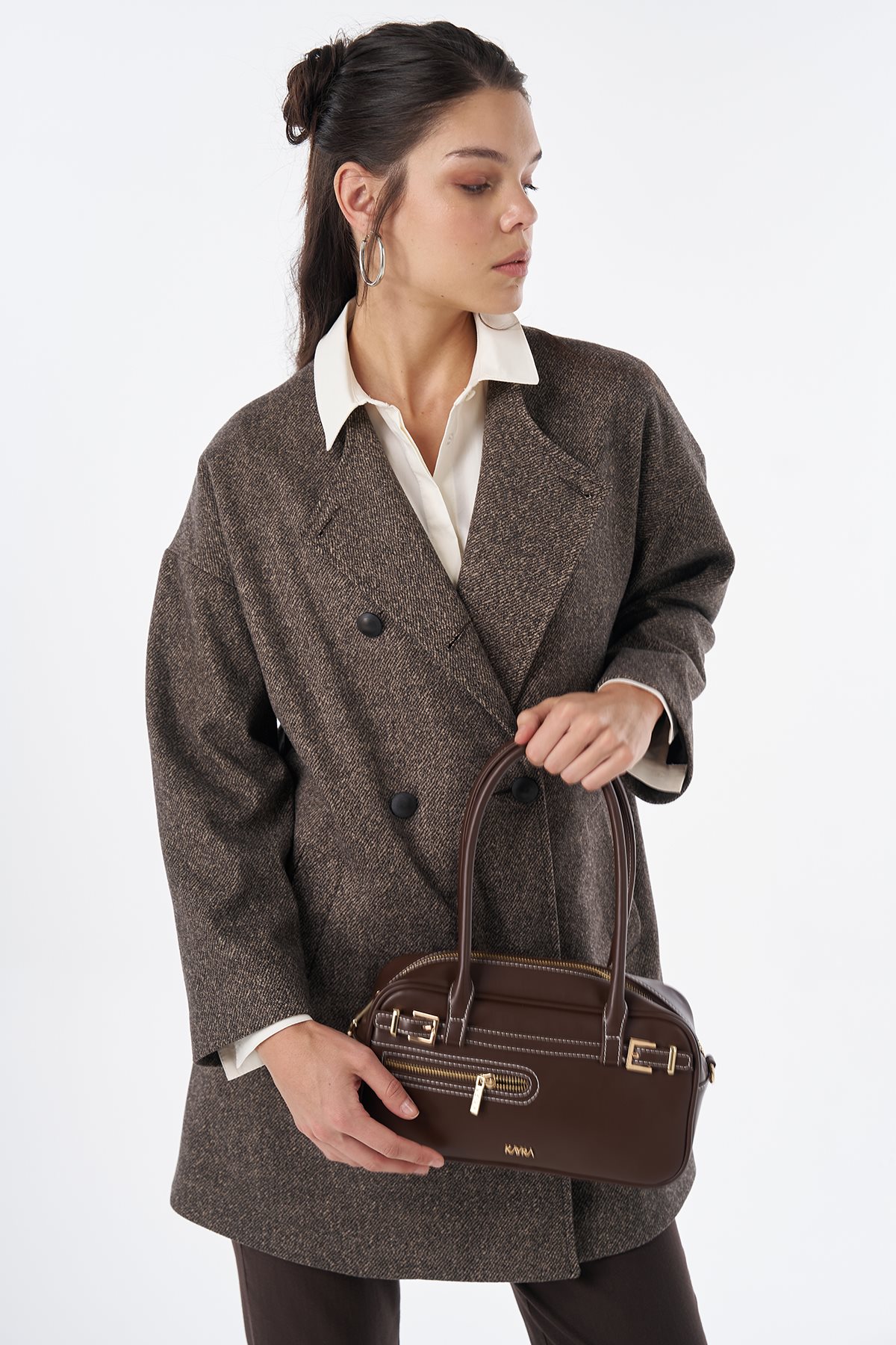 Herringbone Pattern Wool-Blend Coat Beige