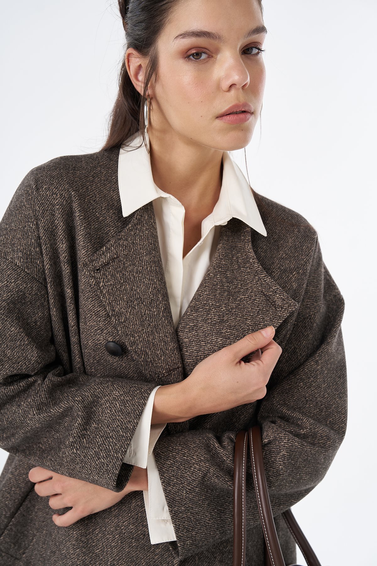 Herringbone Pattern Wool-Blend Coat Beige