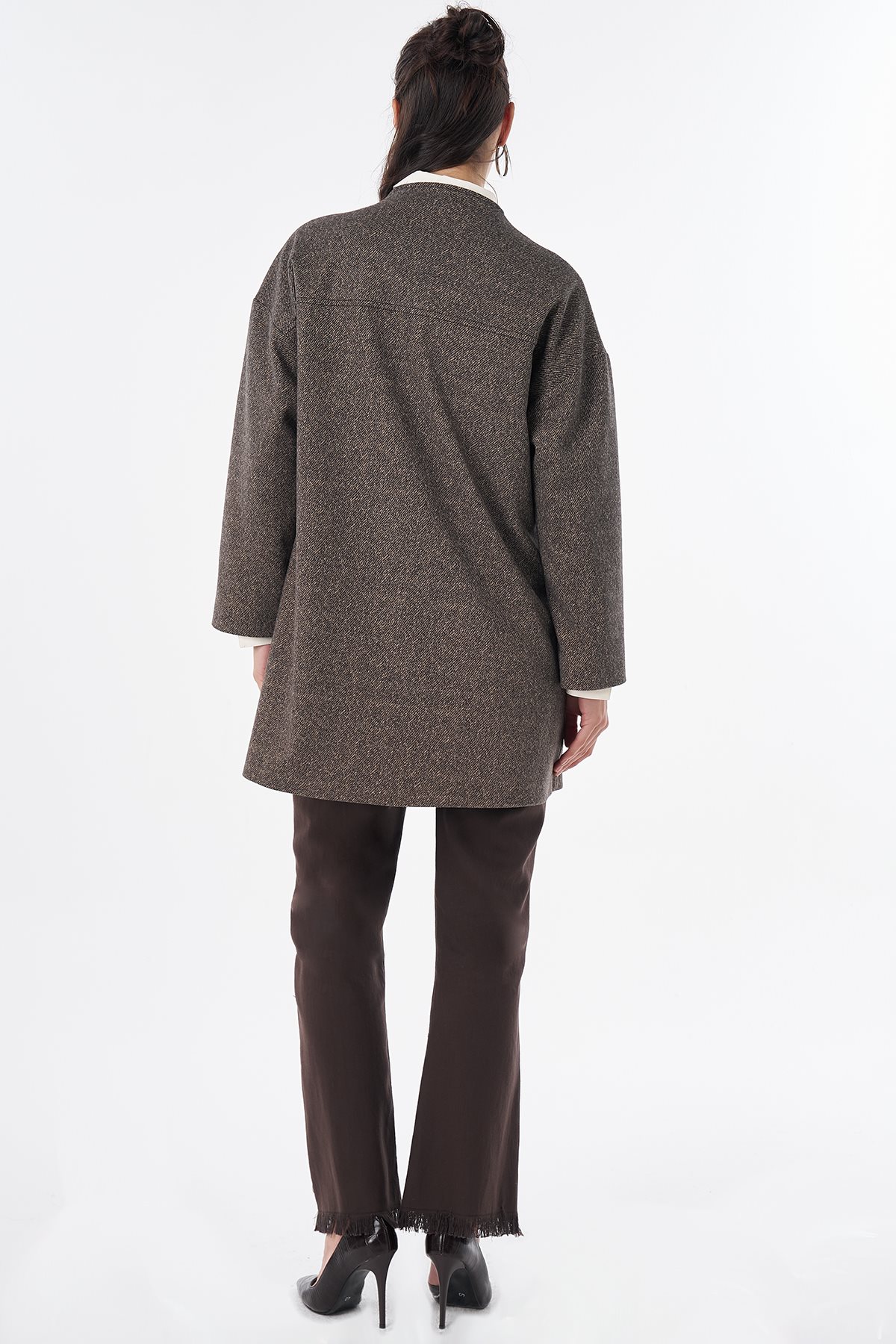 Herringbone Pattern Wool-Blend Coat Beige
