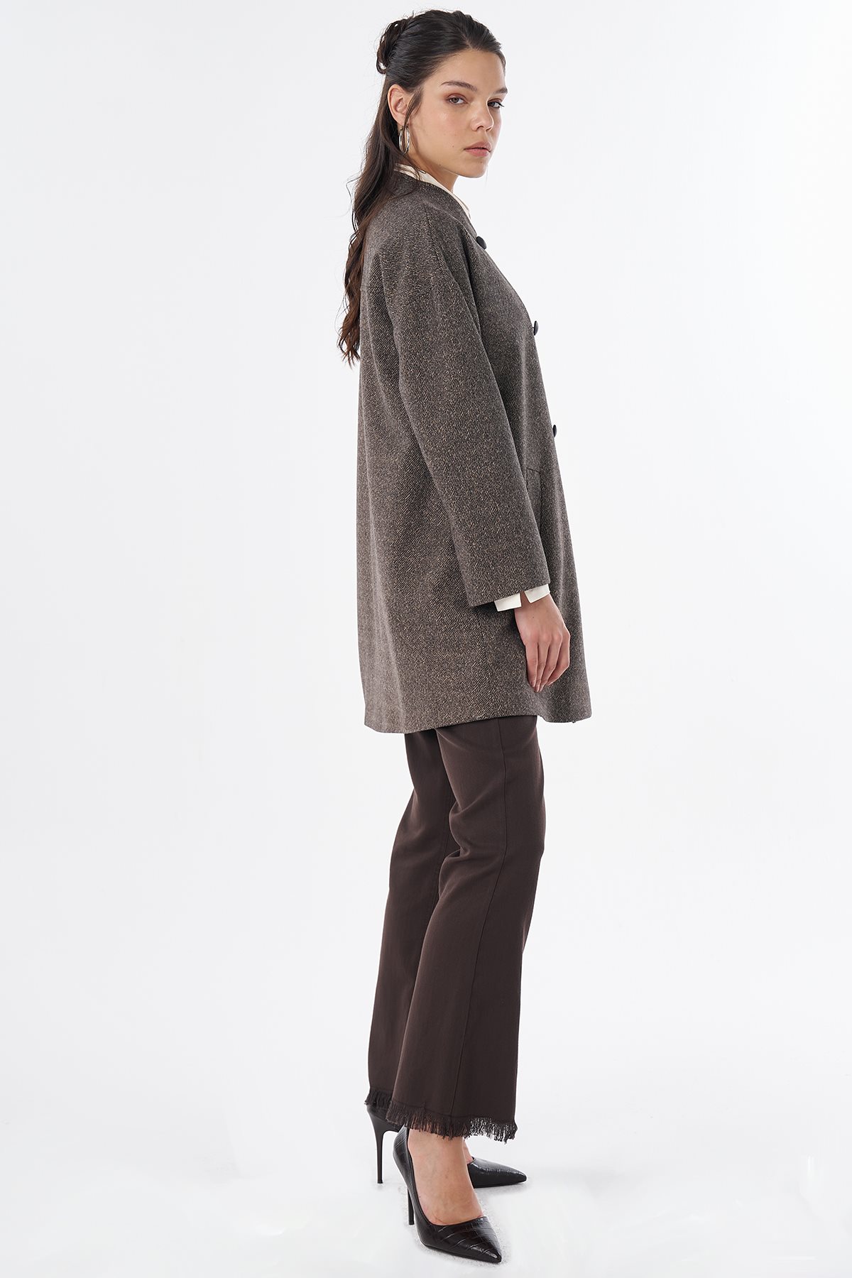 Herringbone Pattern Wool-Blend Coat Beige