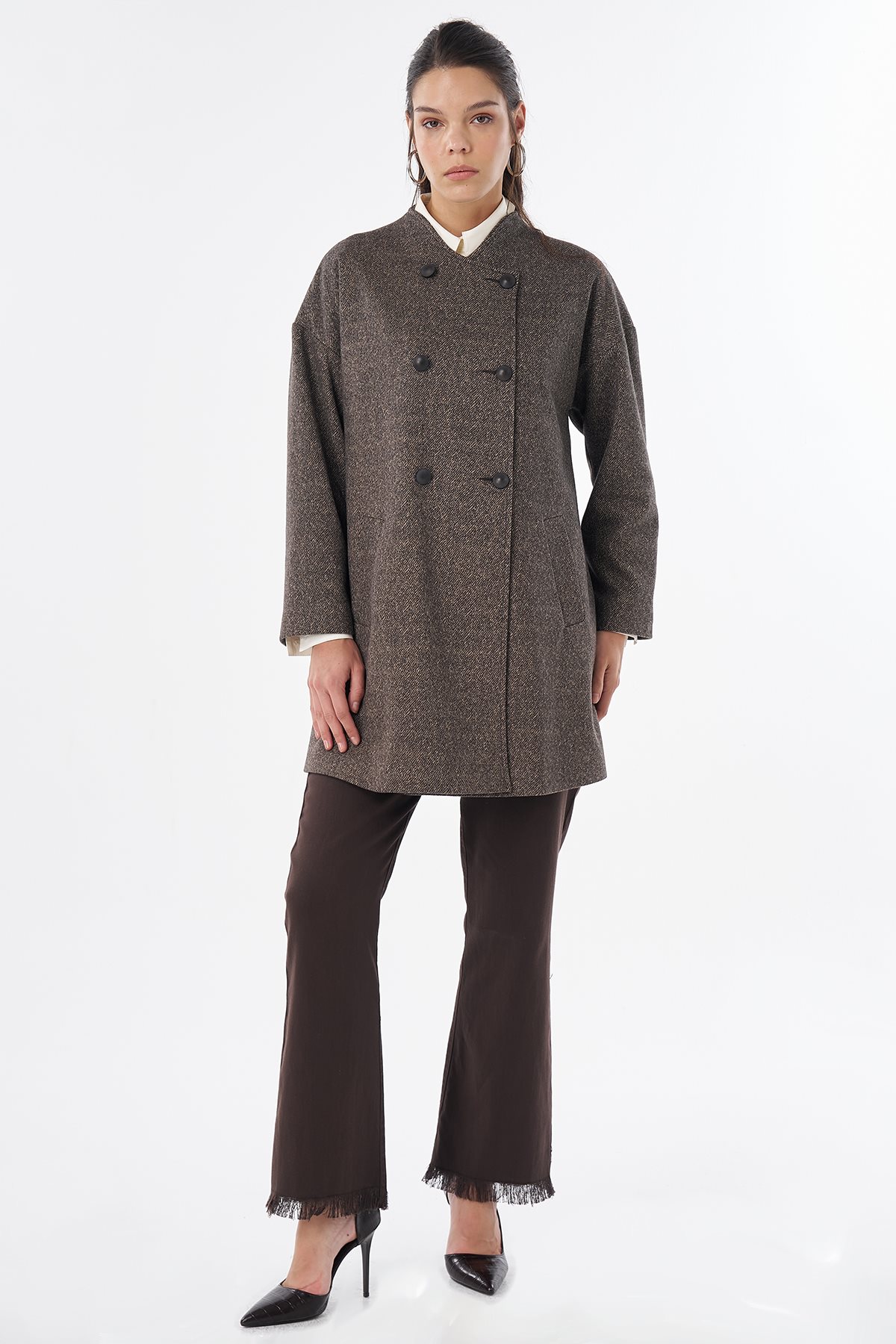 Herringbone Pattern Wool-Blend Coat Beige