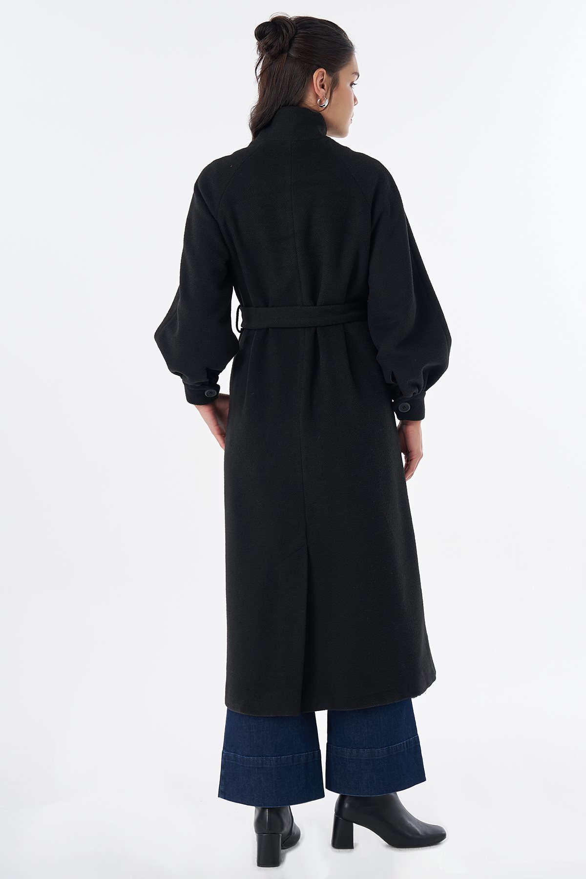 Stand Collar Belted Wool-Blend Coat Black