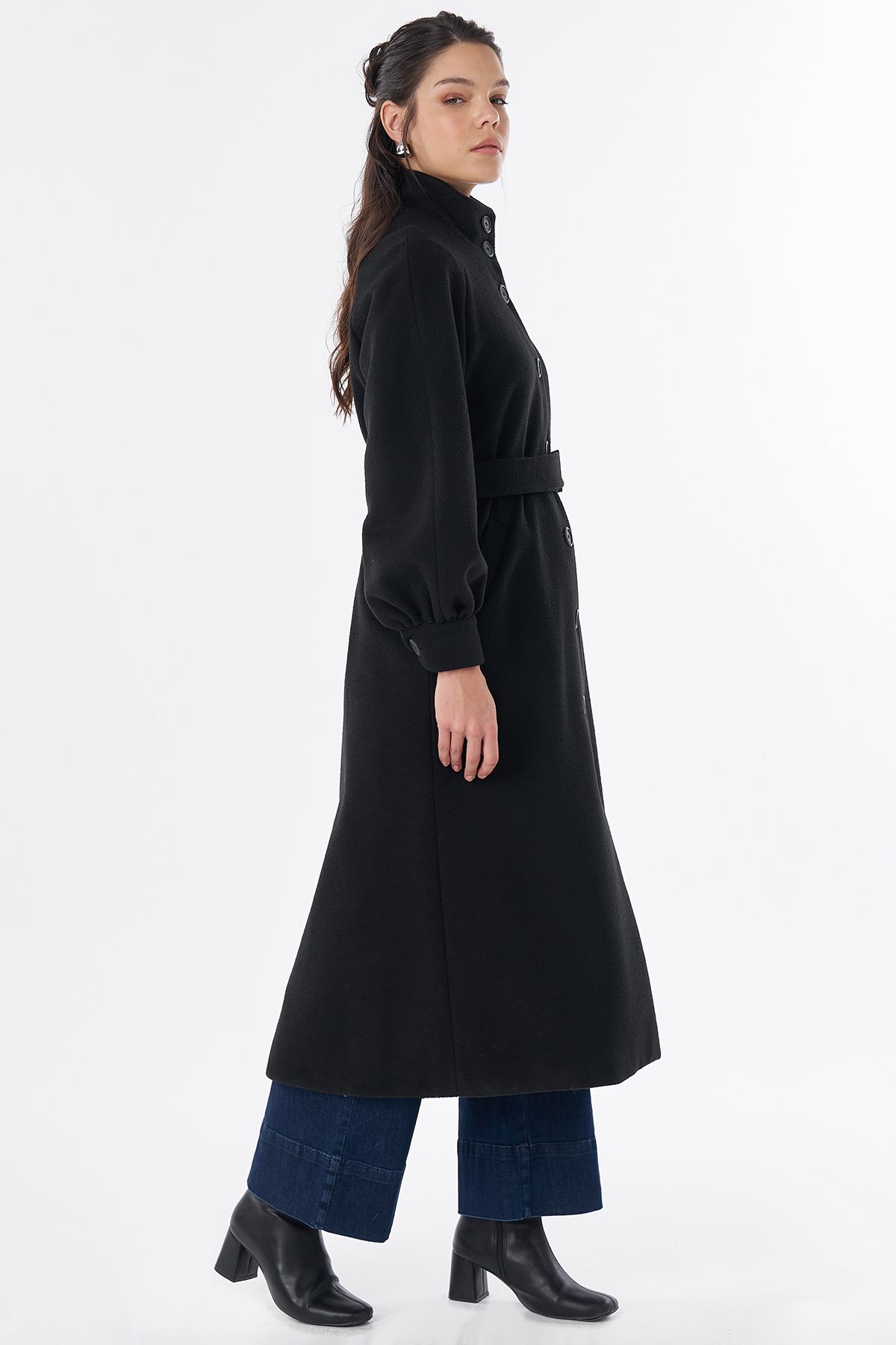 Stand Collar Belted Wool-Blend Coat Black