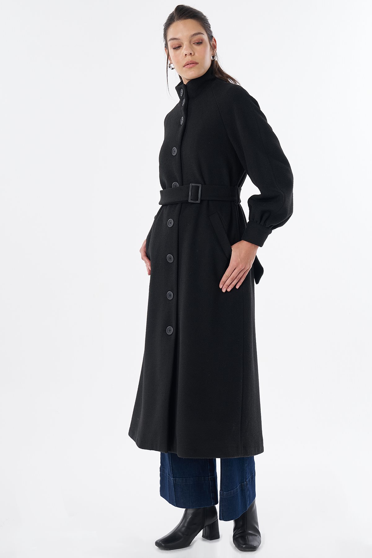 Stand Collar Belted Wool-Blend Coat Black