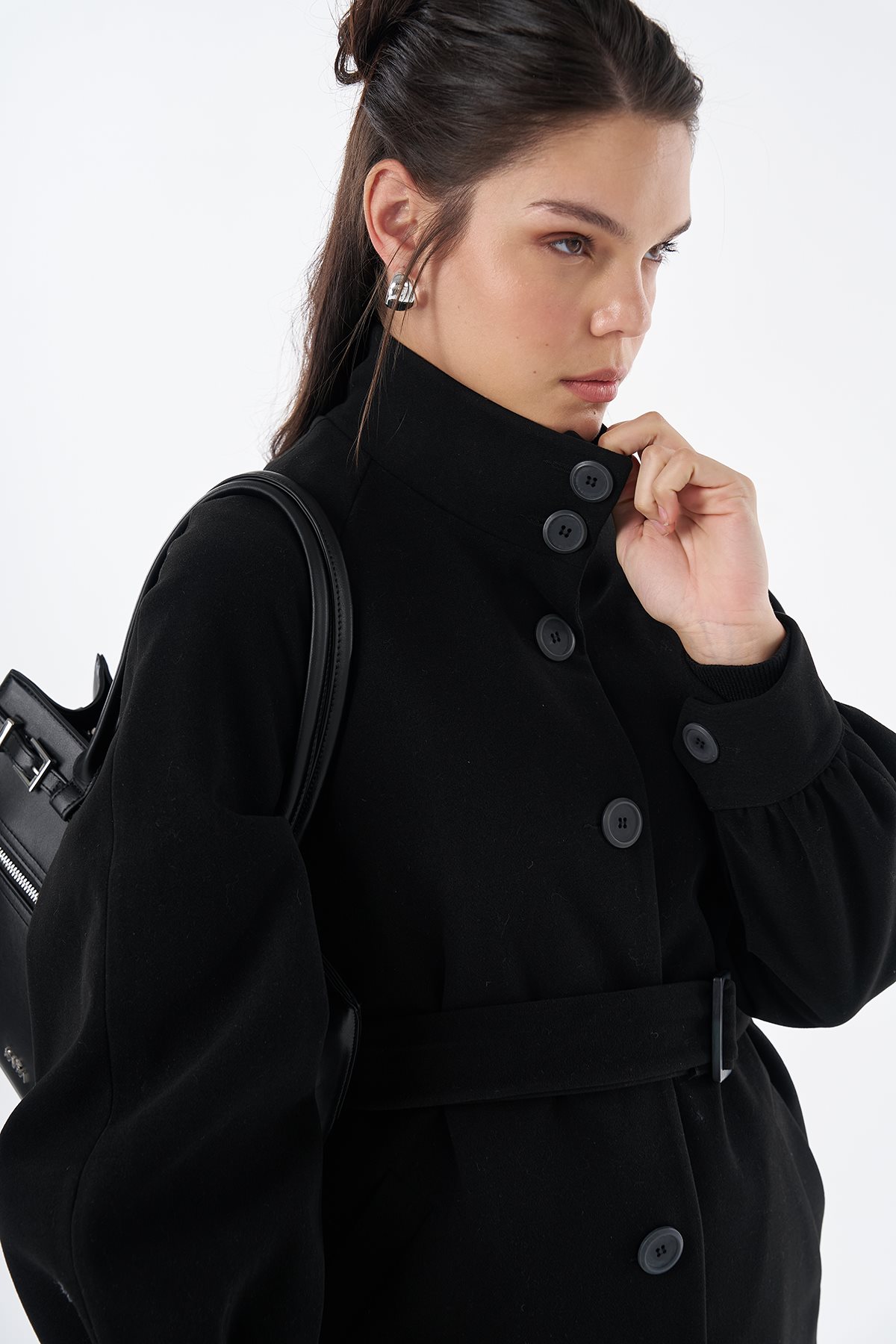 Belt Detail Wool-Blend Coat Black