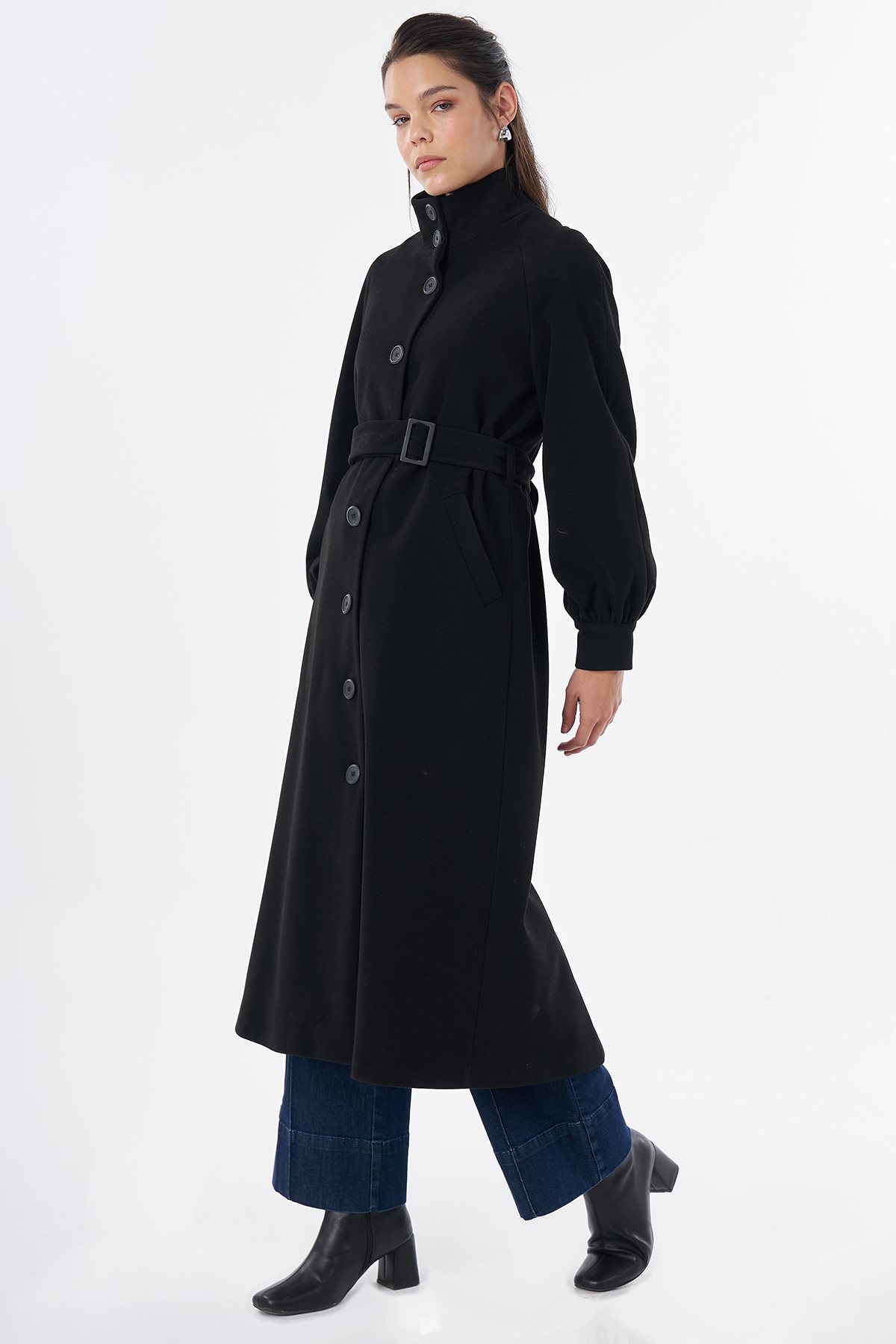 Belt Detail Wool-Blend Coat Black