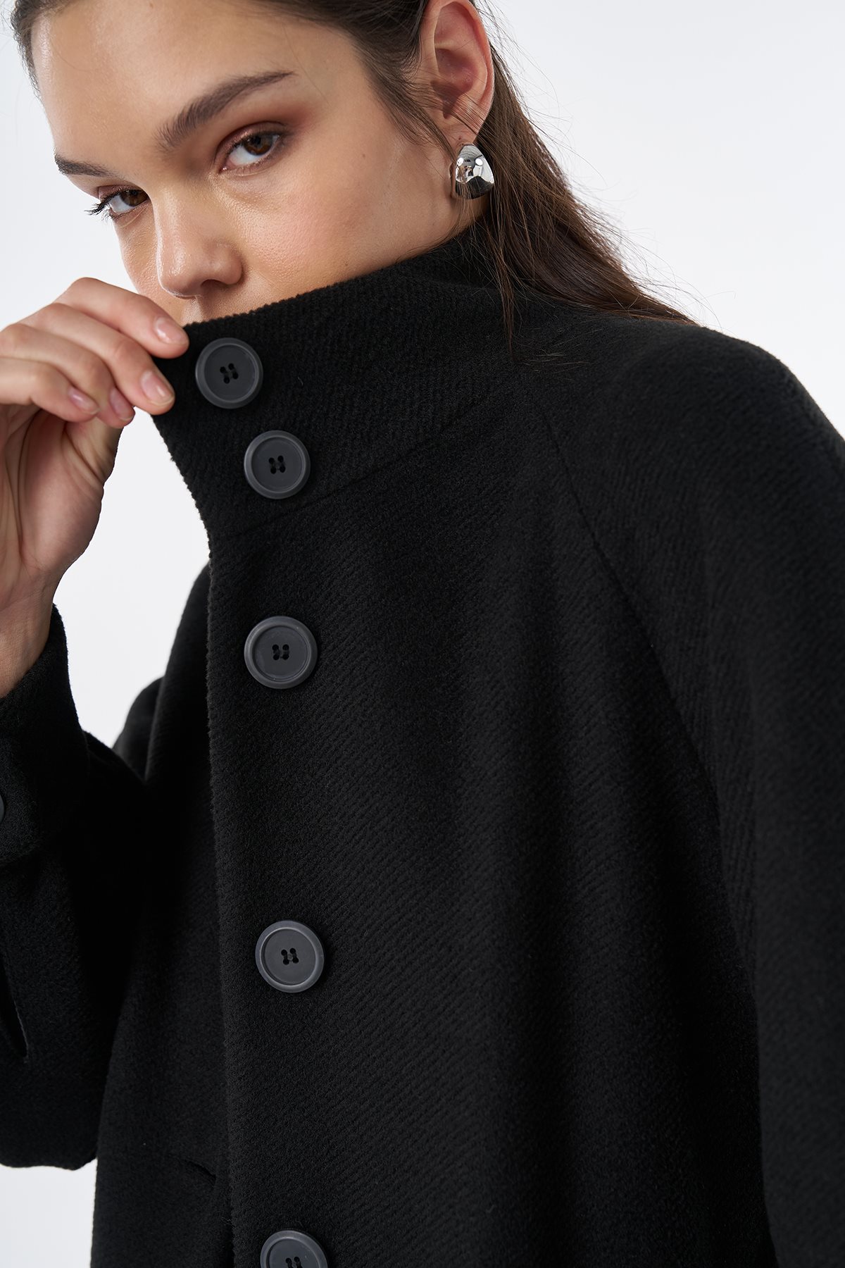Stand Collar Belted Wool-Blend Coat Black