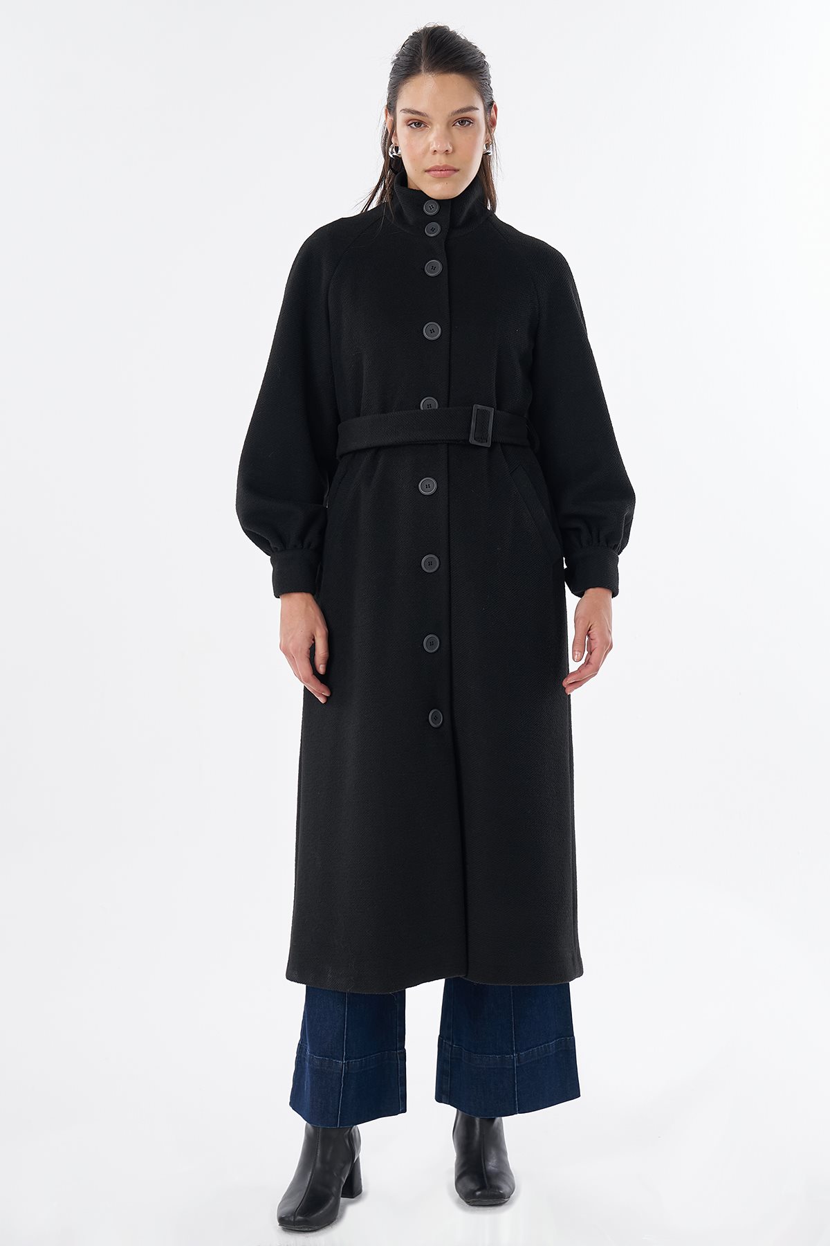 Stand Collar Belted Wool-Blend Coat Black