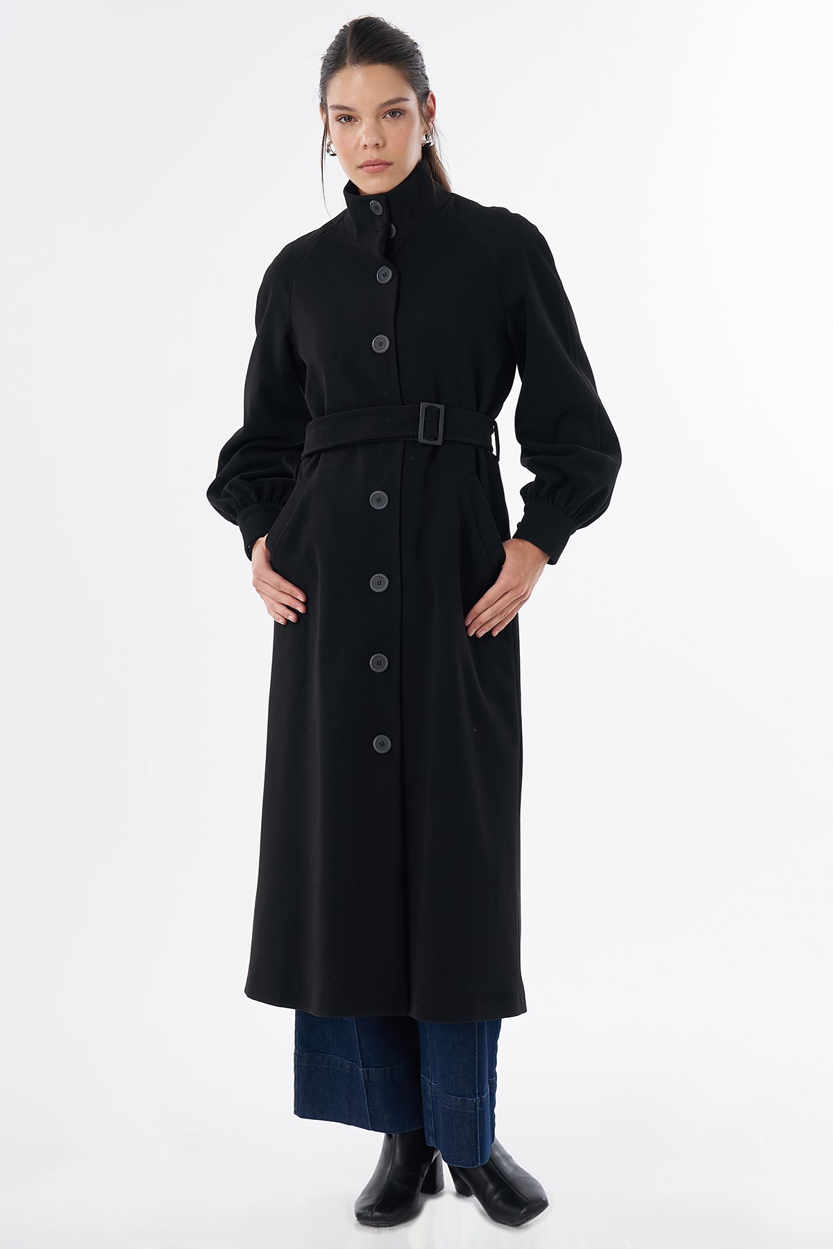 Belt Detail Wool-Blend Coat Black