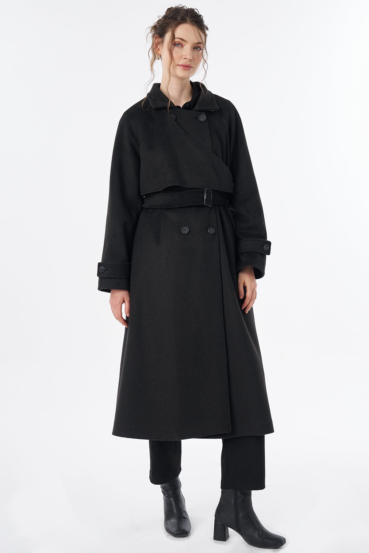 Belted Double-Breasted Wool-Blend Coat Black