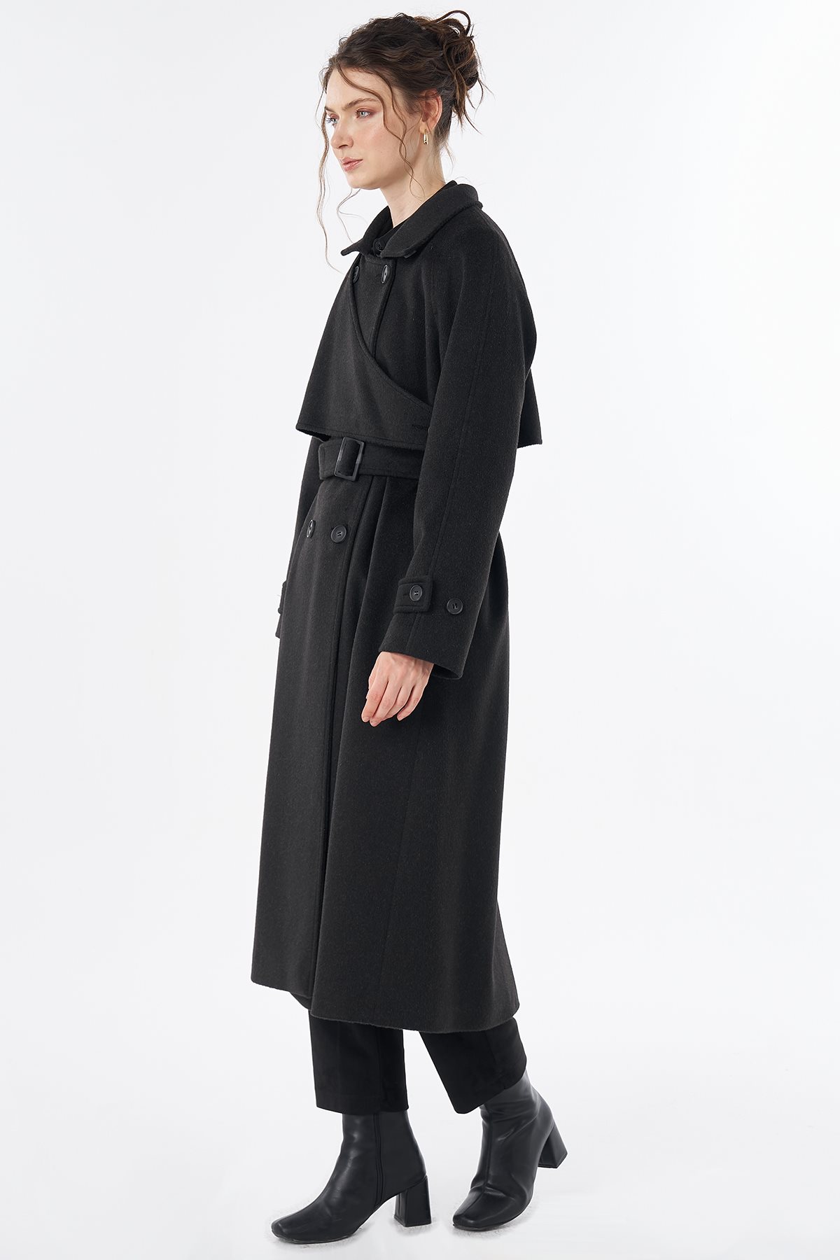 Belted Double-Breasted Wool-Blend Coat Black
