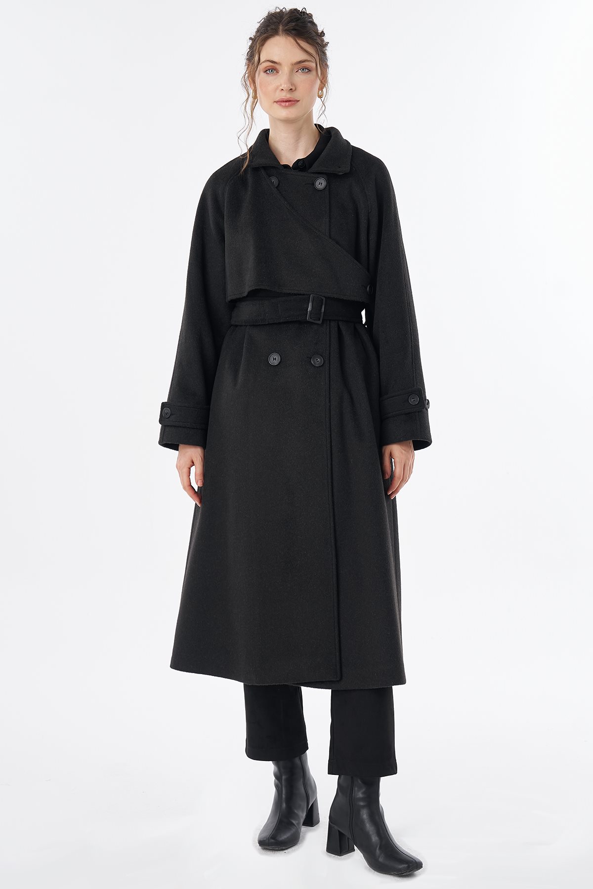 Belted Double-Breasted Wool-Blend Coat Black