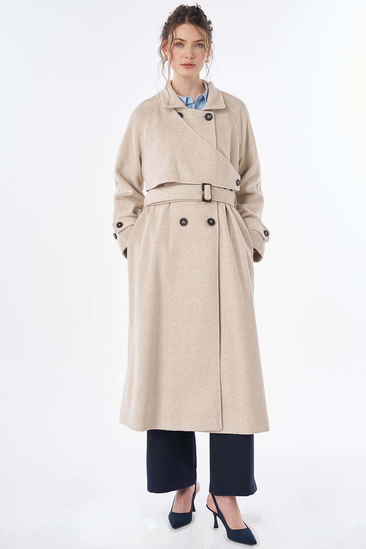 Belted Double-Breasted Wool-Blend Coat Mink