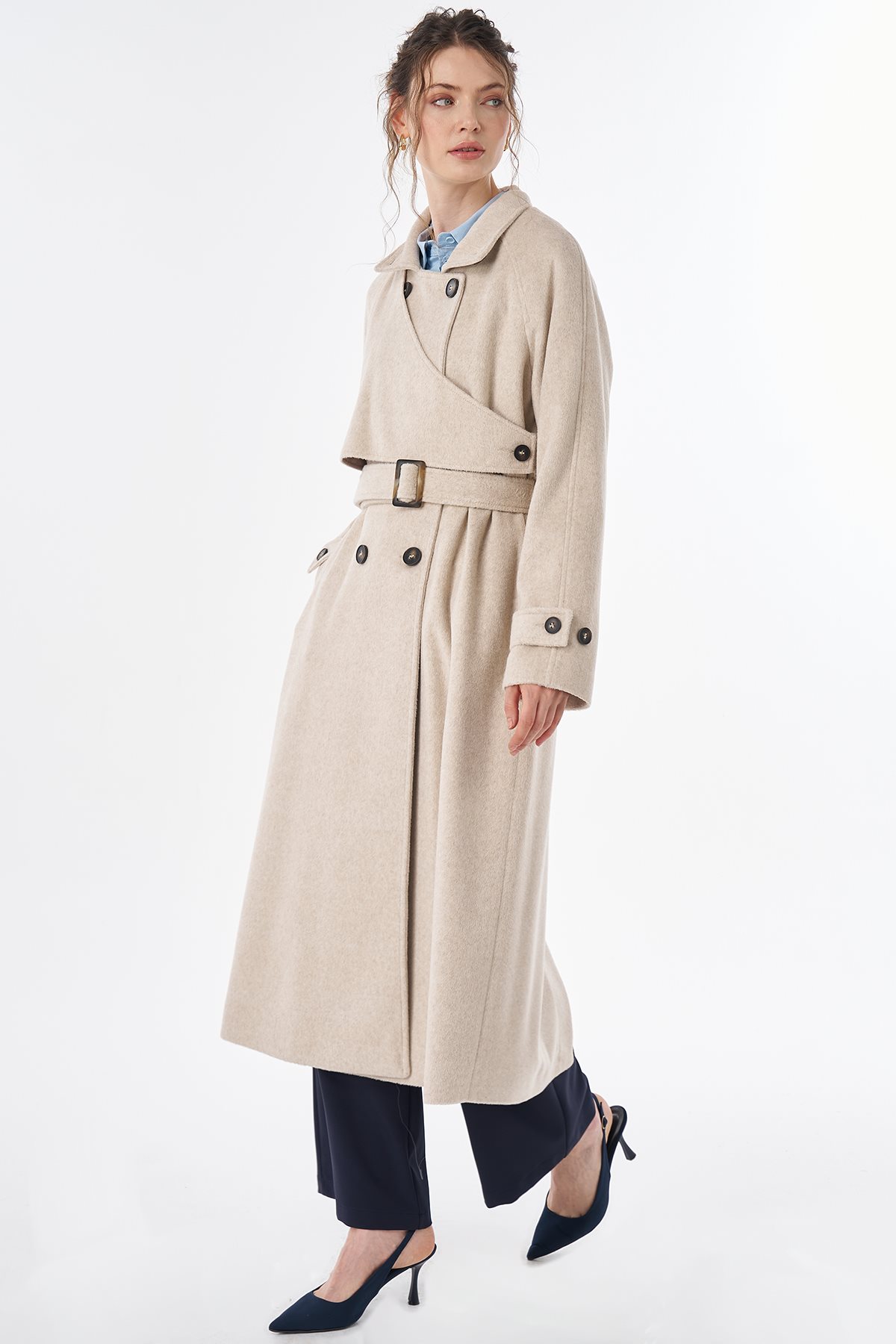 Belted Double-Breasted Wool-Blend Coat Mink