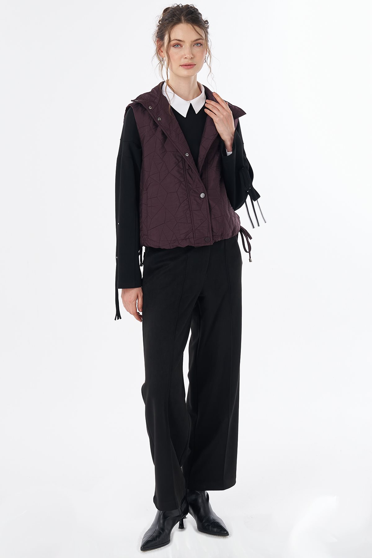 Drawstring Quilted Vest Burgundy