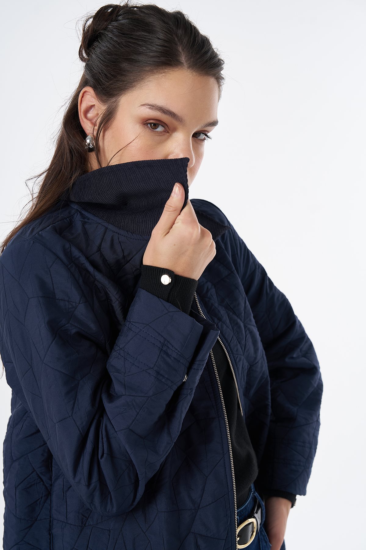 Collar Detail Quilted Jacket Navy