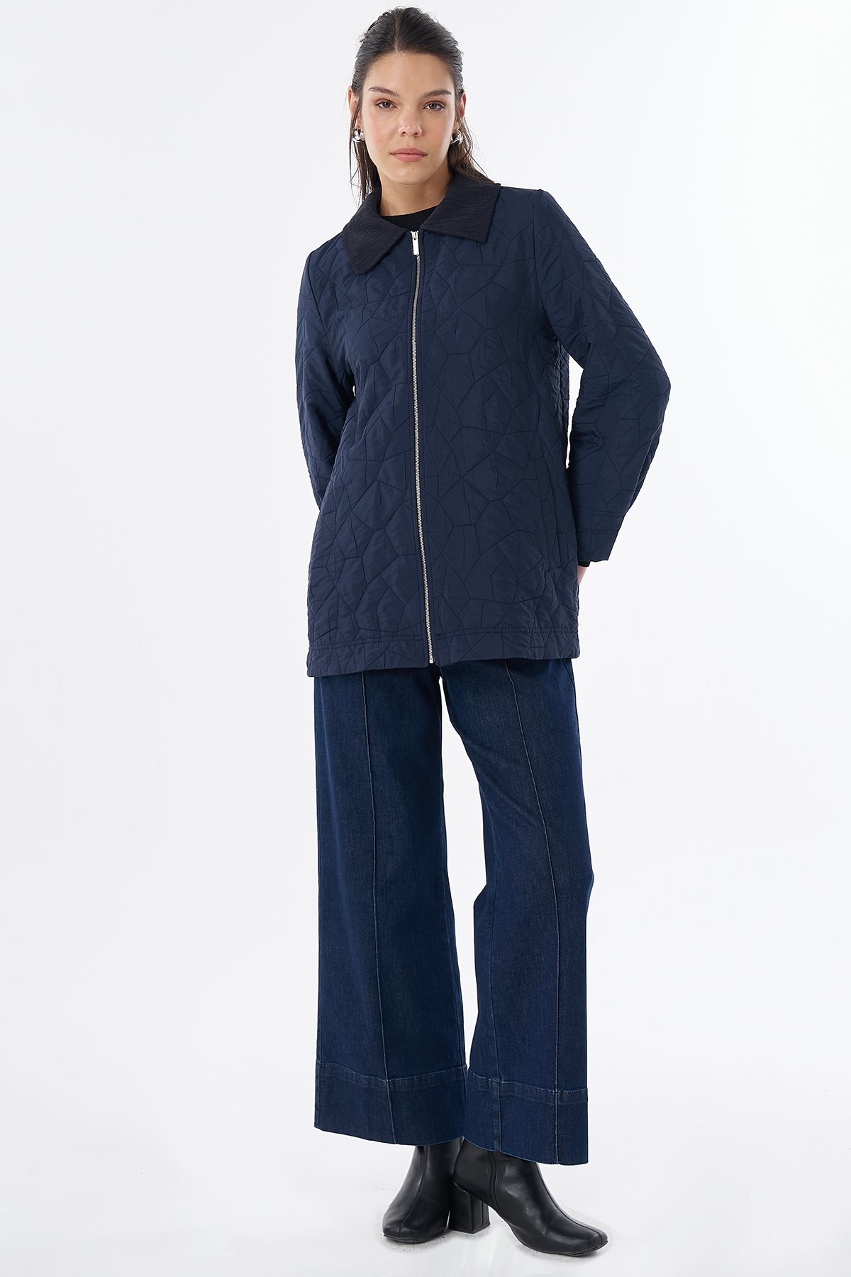 Collar Detail Quilted Jacket Navy