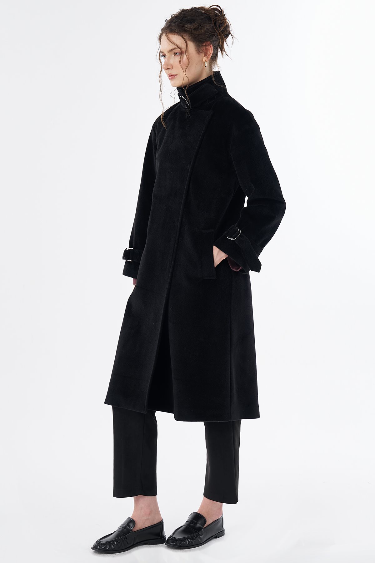 Buckle Detail Wool-Blend Coat Black