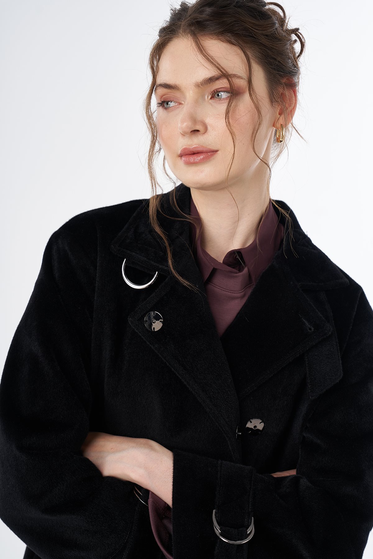 Buckle Detail Wool-Blend Coat Black