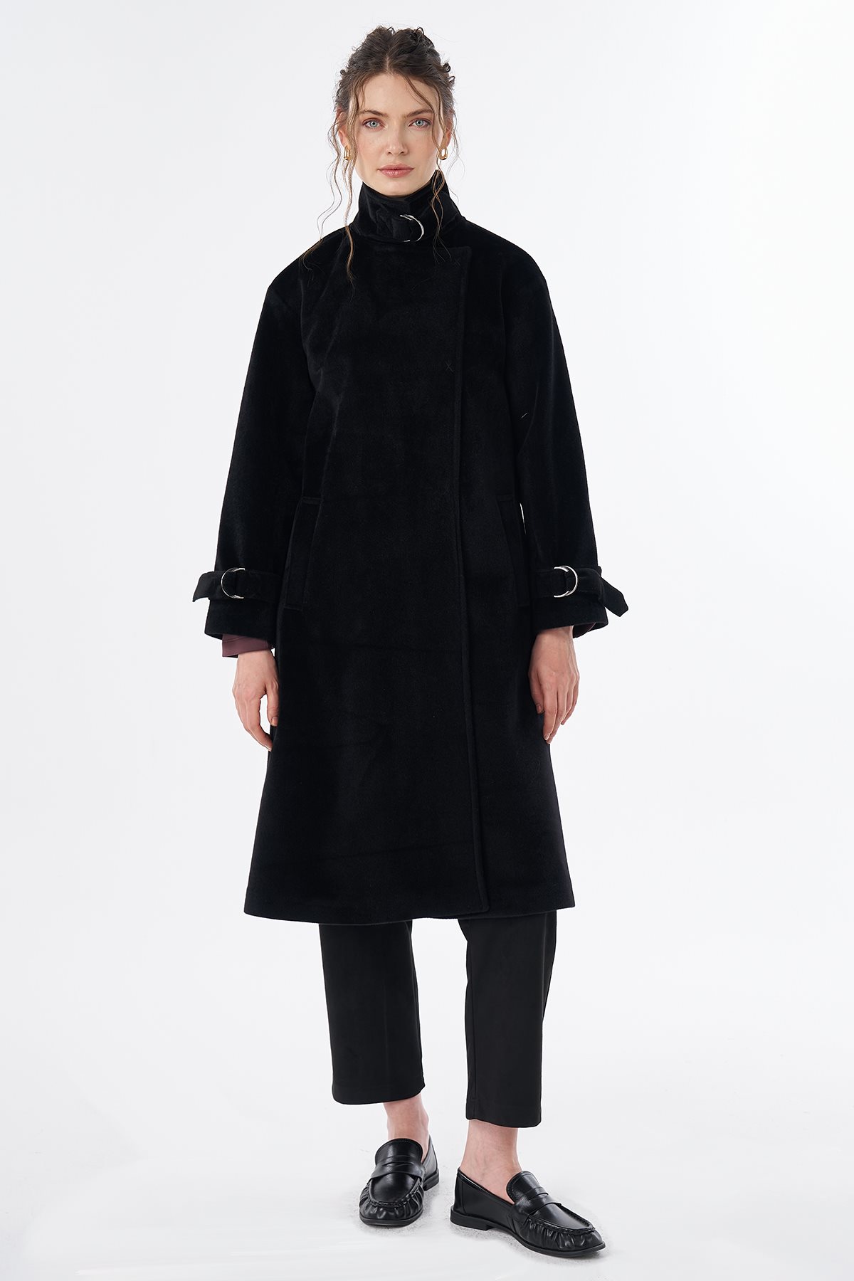 Buckle Detail Wool-Blend Coat Black
