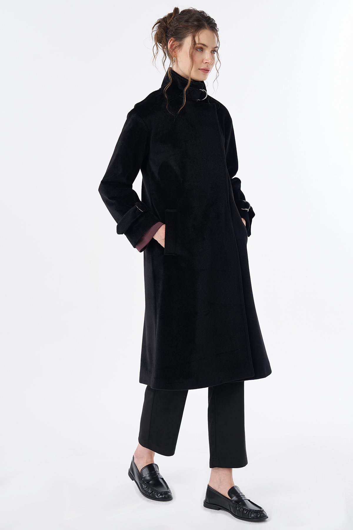Buckle Detail Wool-Blend Coat Black