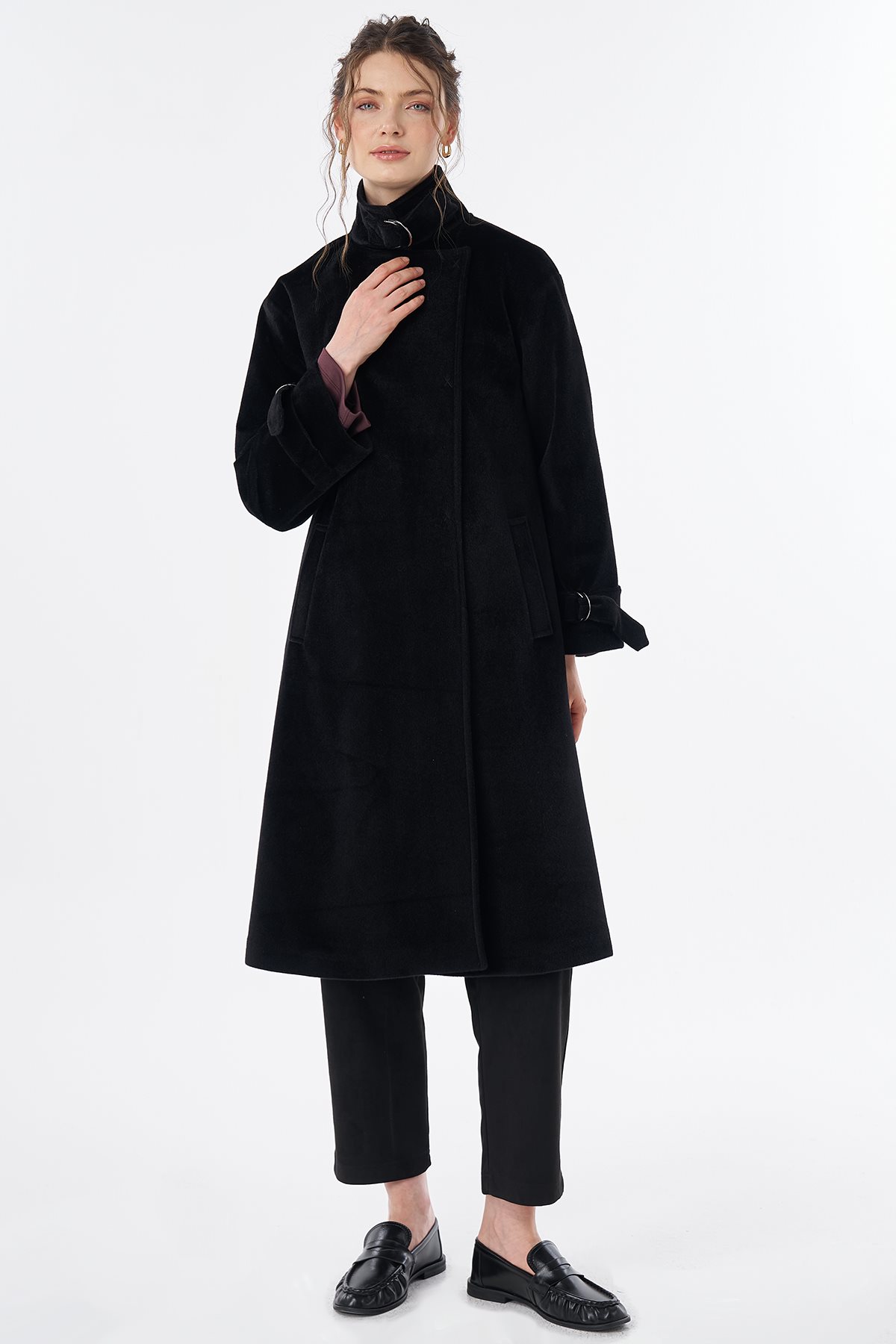 Buckle Detail Wool-Blend Coat Black