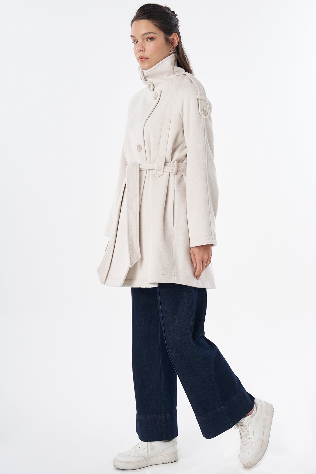 Epaulet Detail Wool-Blend Coat Cream