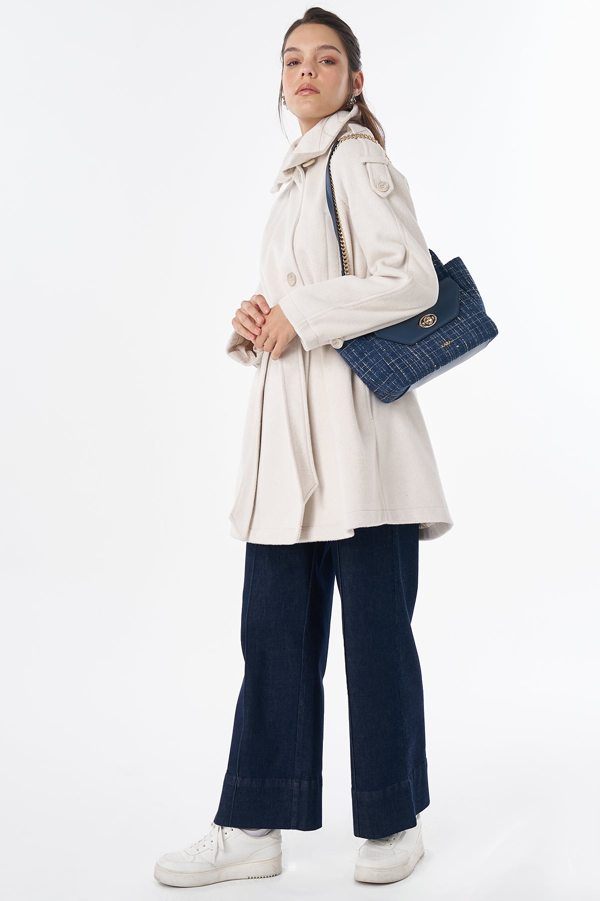 Epaulet Detail Wool-Blend Coat Cream
